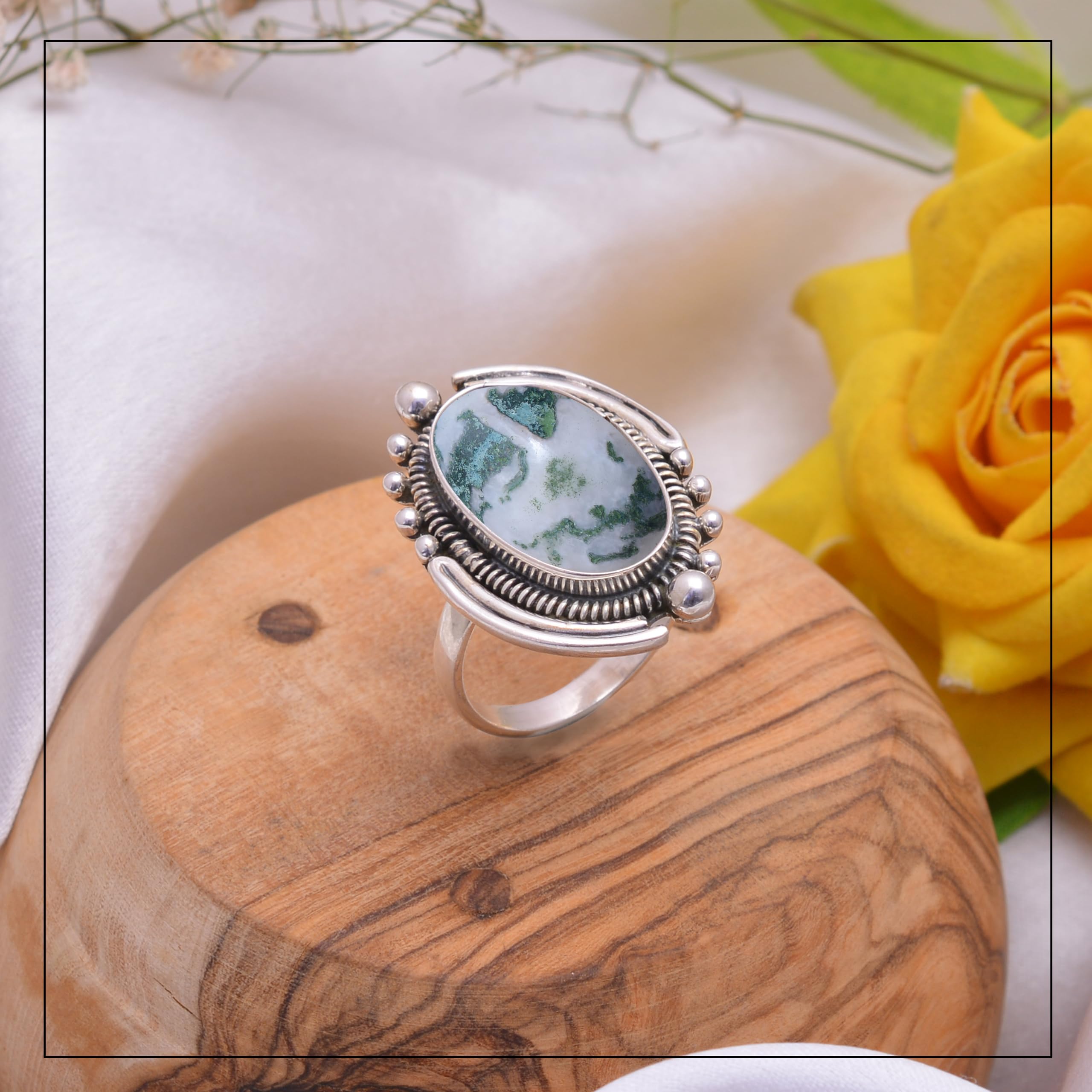 Veracity Jewelry Moss Agate Rings for Women - 925 Sterling Silver Healing Meditation Rings with Natural Green White Gemstone - VSR-543 | Spiritual Jewelry, Yoga Accessories, Gift for Her