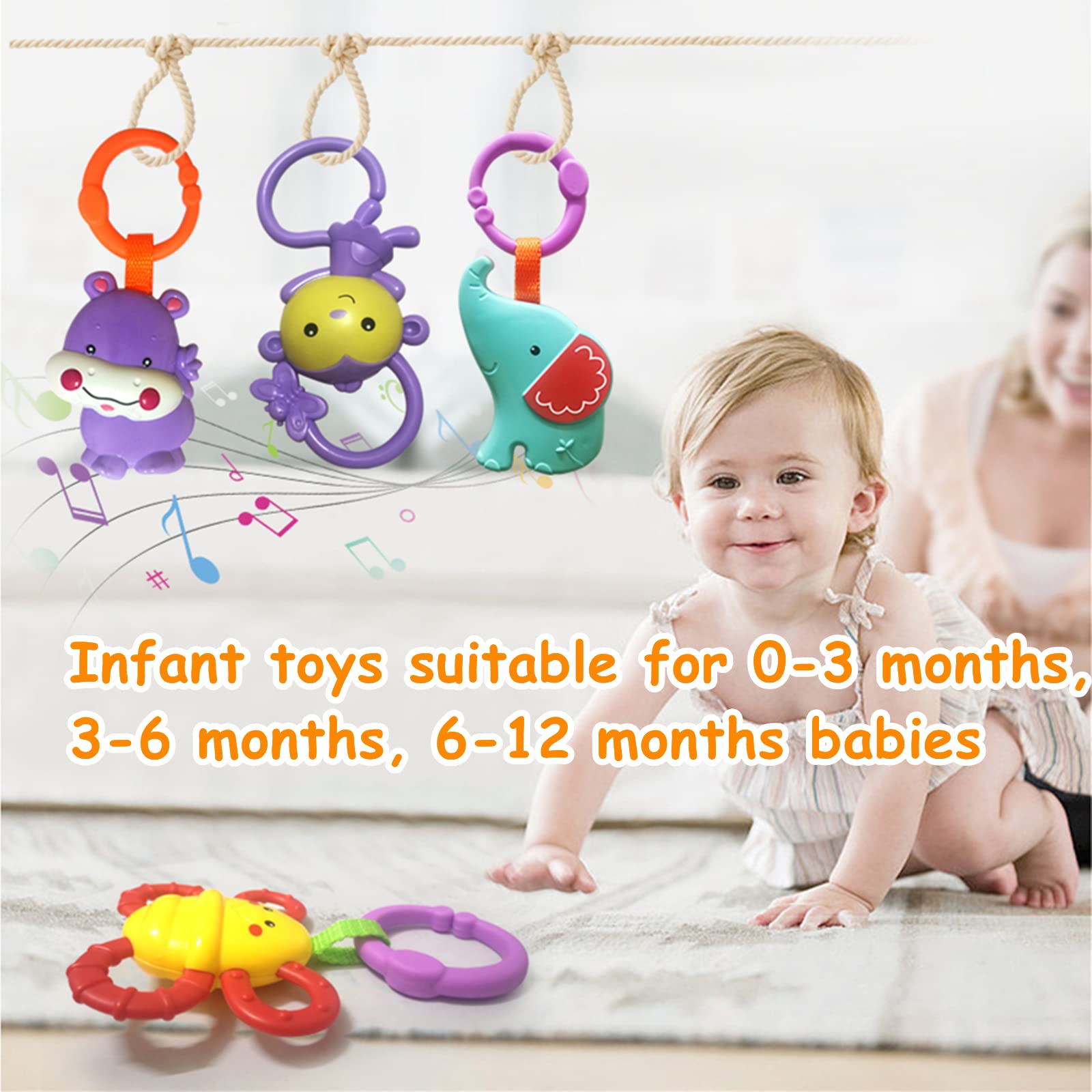 Cartoon Animal Hanging Rattle Toys - 4 Pack Baby Handbells & Crib Toys for Newborns | Infant Bed, Car Seat & Stroller Accessories | Perfect Baby Shower & Birthday Gift for 0-6 Months