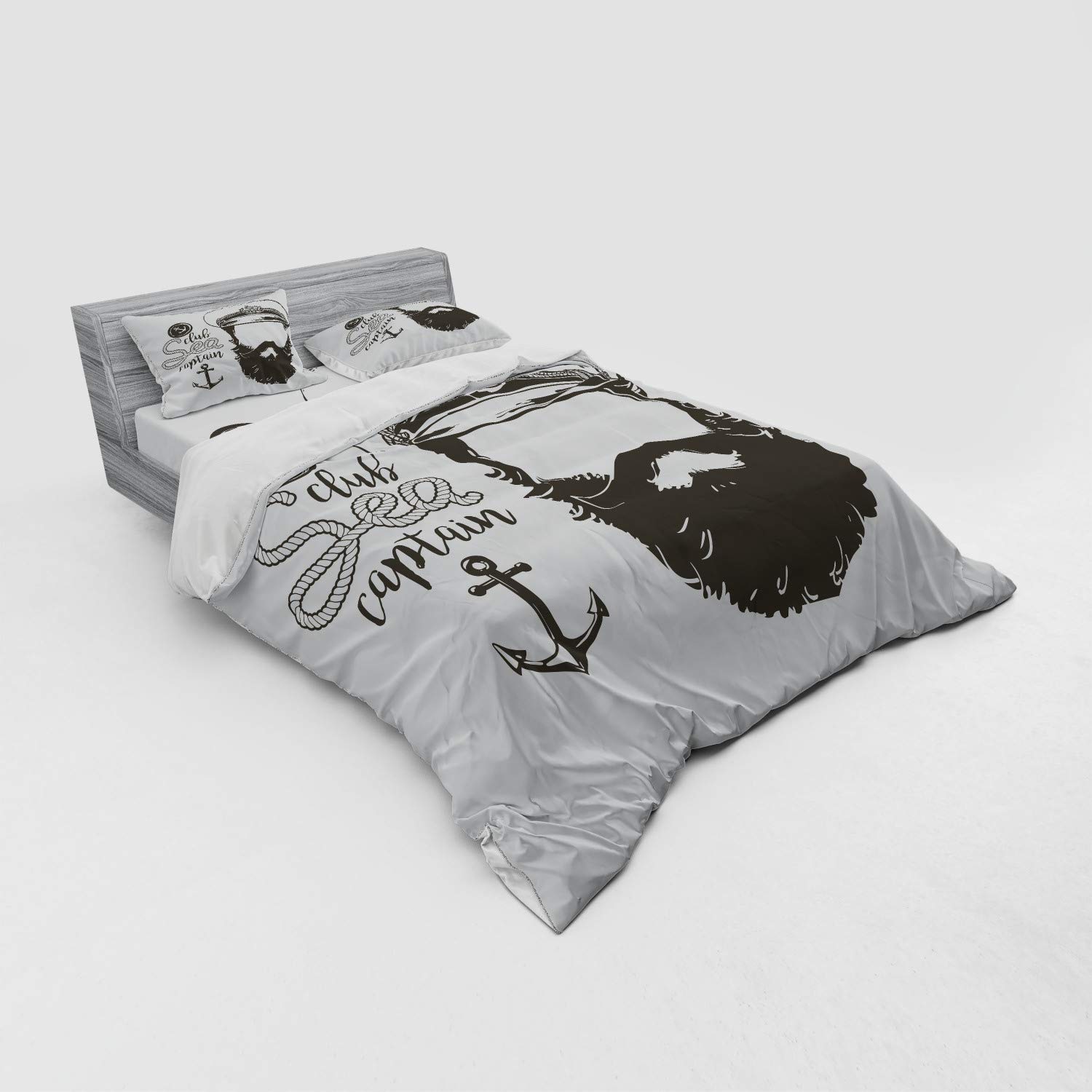 Ambesonne Anchor Duvet Cover Set - 4 Piece Nautical Bedding with Shams & Fitted Sheet, Queen Size Brown & White, Faceless Captain Portrait with Hat & Beard - Perfect for Coastal, Beach House or Sailor Themed Bedrooms