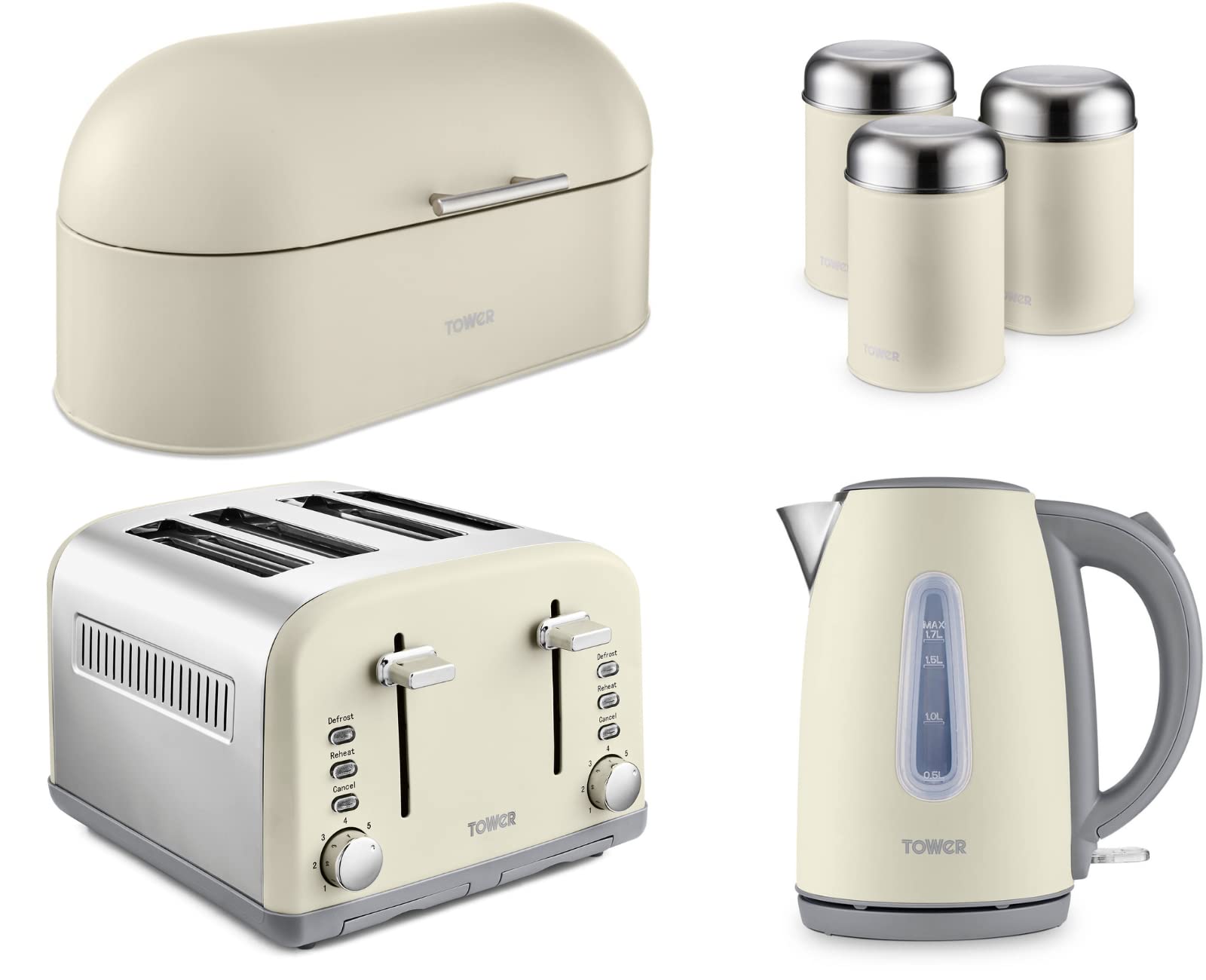 **3KW 1.7L Tower Infinity Stone Jug Kettle & 4-Slice Toaster Set with Bread Bin, Tea/Coffee/Sugar Canisters – 6-Piece Modern Kitchen Essentials for Breakfast & Tea Time**