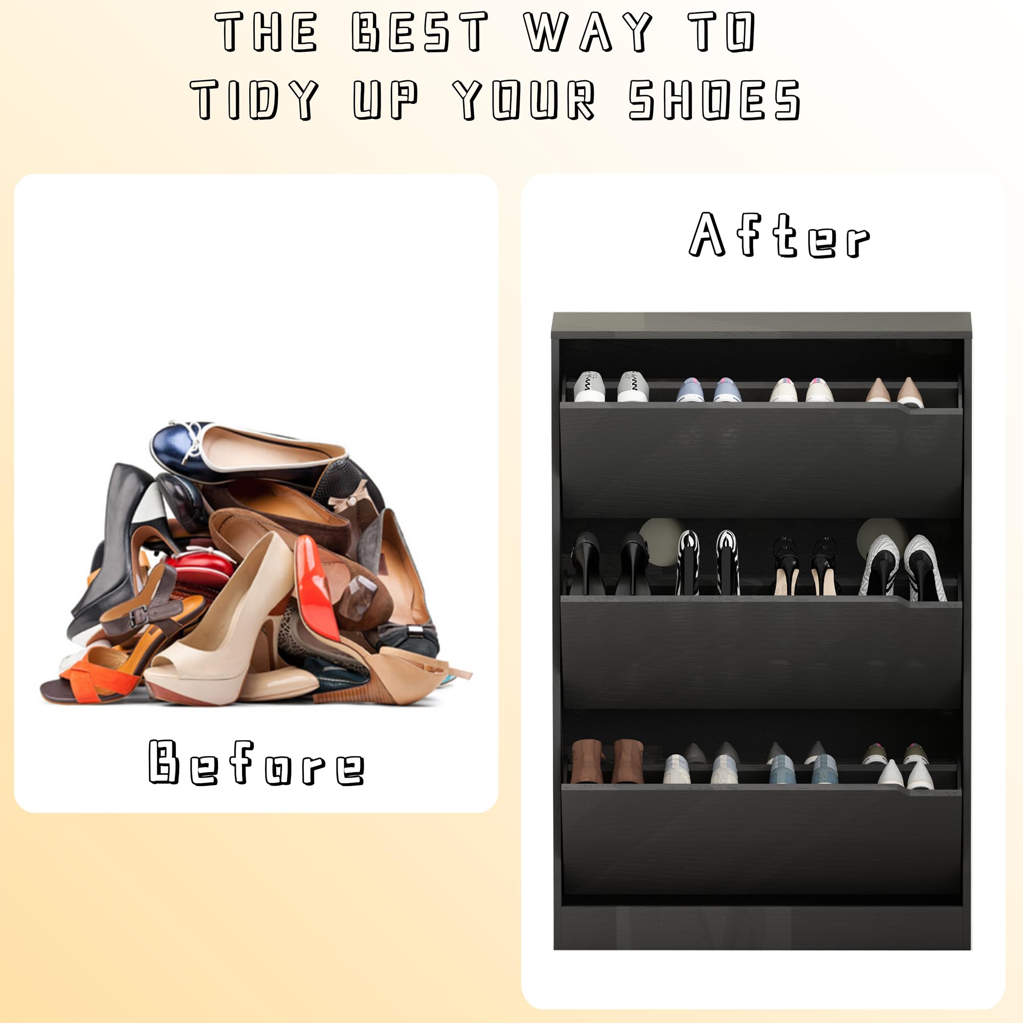 3-Tier Flip-Door Shoe Storage Cabinet - Narrow Freestanding Shoe Organizer Rack for Entryway, Hallway & Closet - Space-Saving Shoe Shelf Unit (Black) - Perfect for Small Apartments & Mudroom Organization