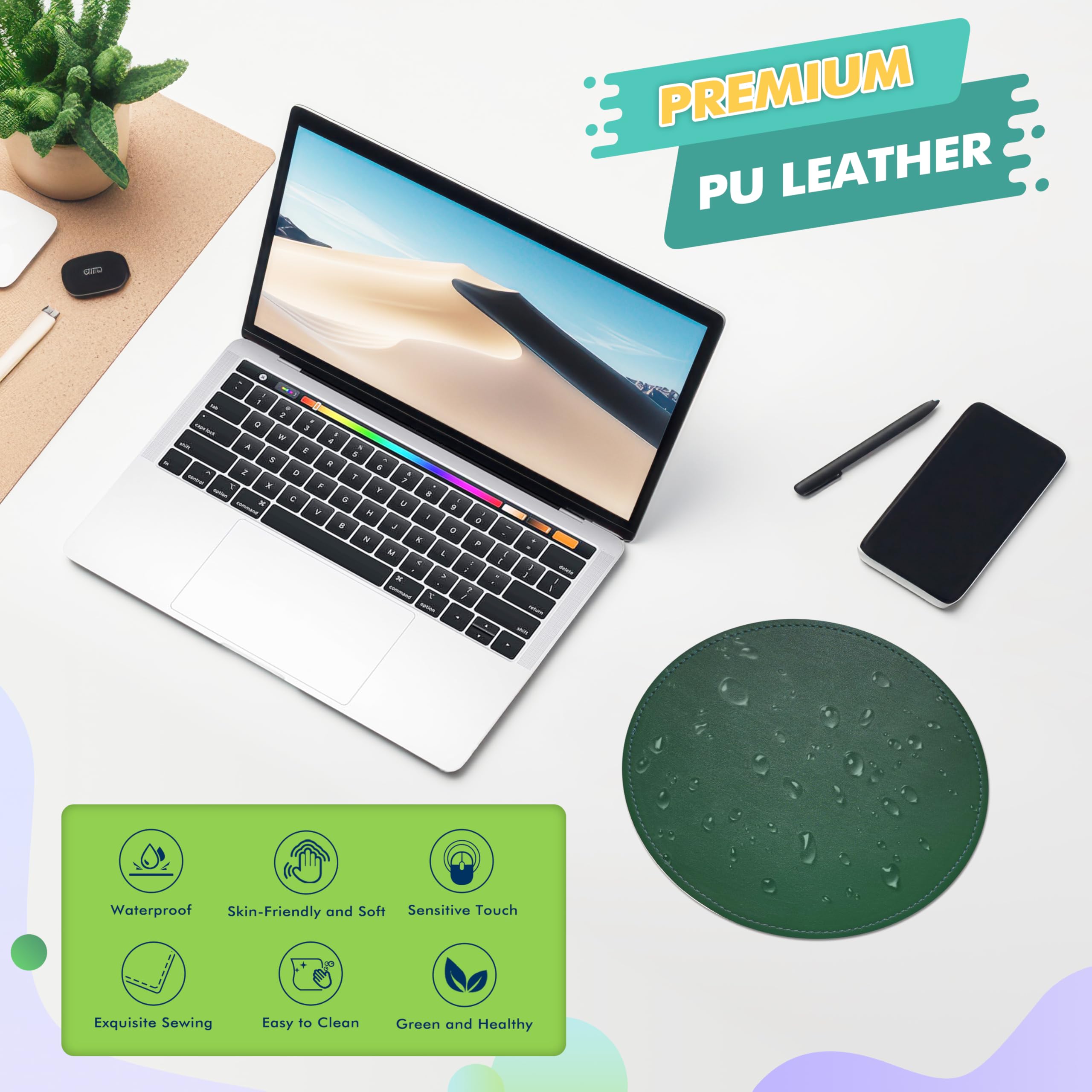 Premium Round PU Leather Mouse Pad with Stitched Edge & Non-Slip Micro-Fiber Base - Waterproof Desk Mat for Computer, Laptop, Gaming (9x9 Inch, Army Green) - Perfect for Office, Home & Gaming Setup