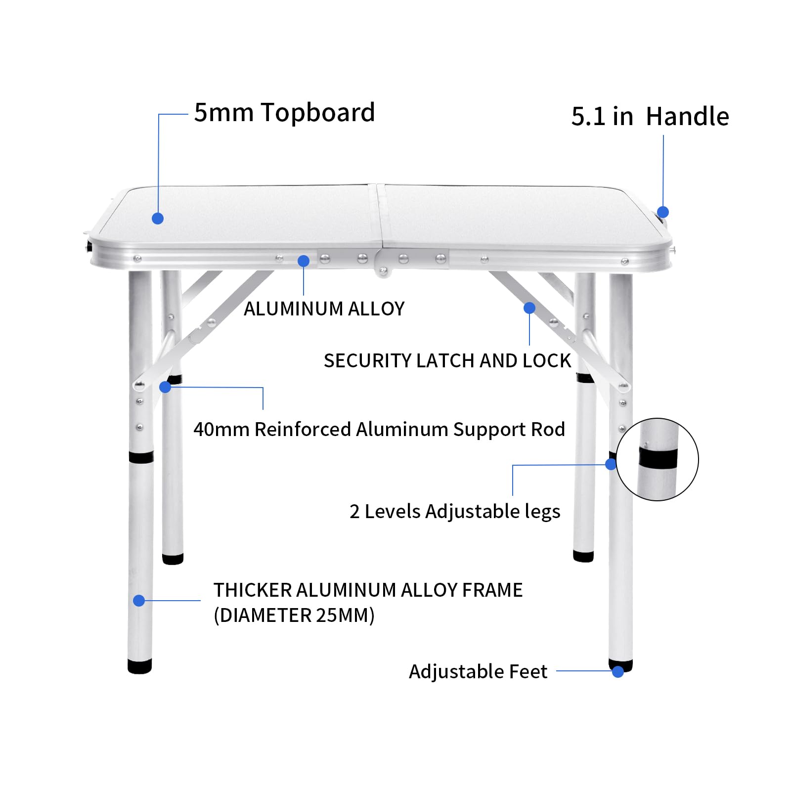 2FT Portable Folding Camping Table - Adjustable Height Aluminum Picnic Table for Outdoor, Beach, BBQ & Travel (23.6×15.7 inch, White) - Perfect for Camping Trips, Backyard Parties & Tailgating