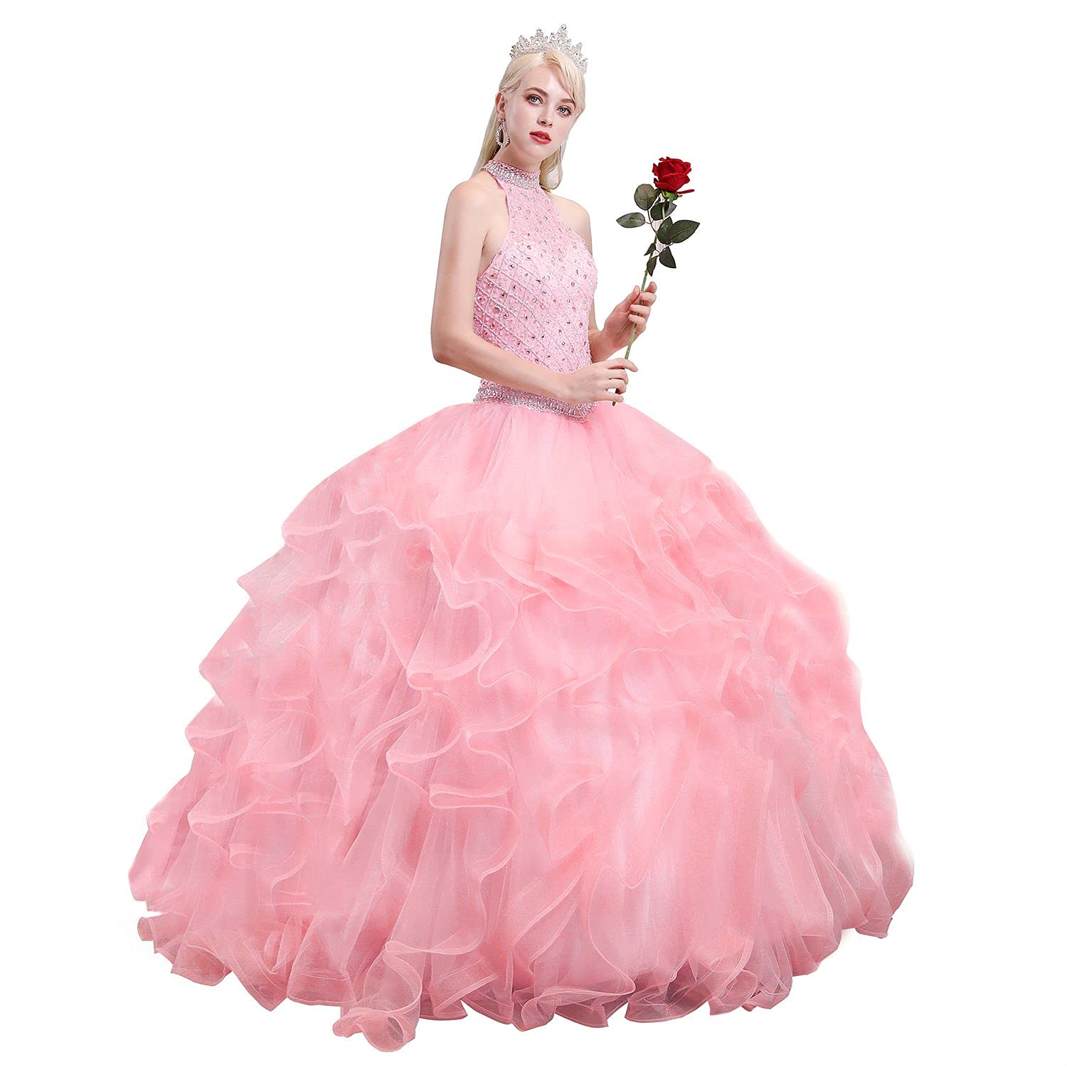 Elegant Yisha Bello Women's Crystal Beaded Quinceanera Dress - High Neck Sleeveless Organza Ball Gown with Ruffles for Prom, Wedding & Special Occasions