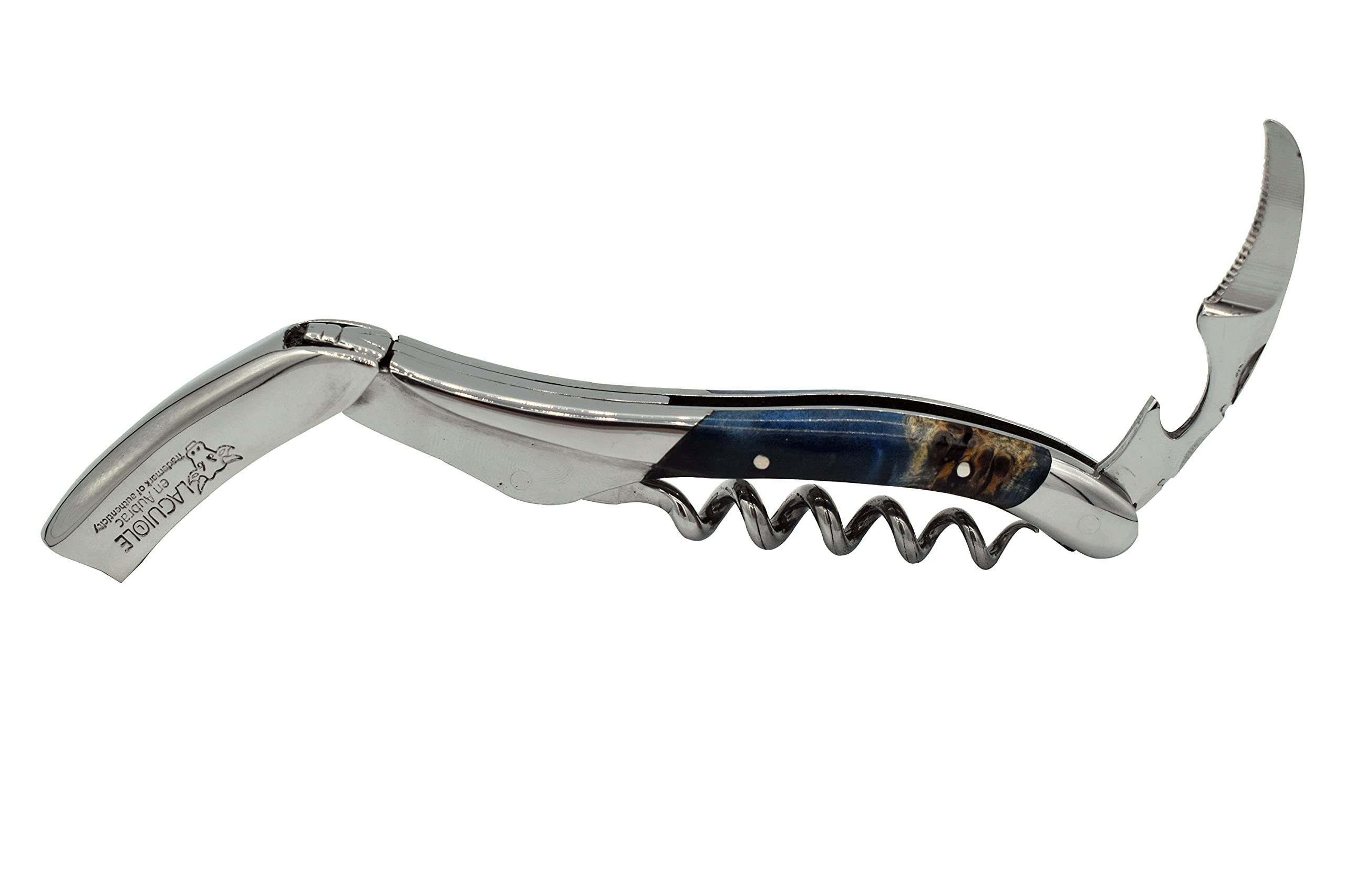 Premium Laguiole En Aubrac Sommelier Corkscrew with Stabilized Blue Poplar Burl Handle - Wine Bottle Opener with Foil Cutter & Built-in Bottle Opener - Perfect for Wine Tastings, Restaurants & Home Bars