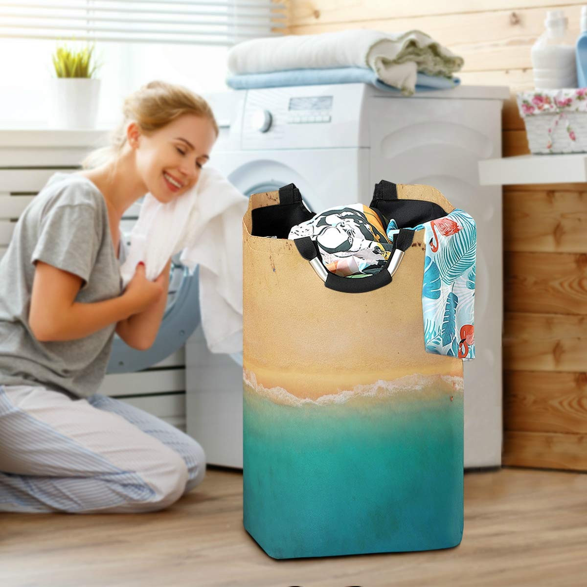 AUUXVA Large Collapsible Laundry Basket with Handles - Ocean Beach Themed Storage Hamper for Clothes & Toys - Perfect for Bathroom, Bedroom, Office & Dorm Organization