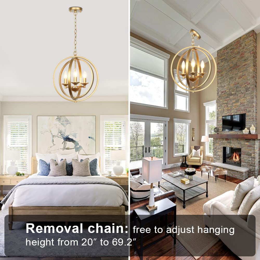 3-Light Gold Orb Chandelier - Modern Globe Pendant Light Fixture for Dining Room, Living Room, Bedroom | Elegant Lighting for Hallway, Stairwell & Foyer | Perfect for Home Decor, Wedding Venues & Luxury Interiors