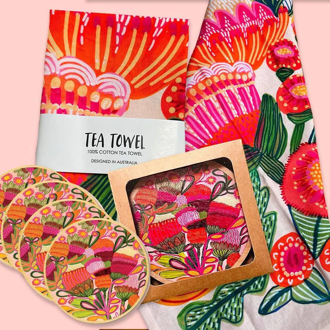 Premium Aussie Natives Tea Towel & Coaster Set - 100% Cotton Kitchen Towels with Matching Coasters - Perfect for Australian-Themed Kitchens, Gifts & Home Decor