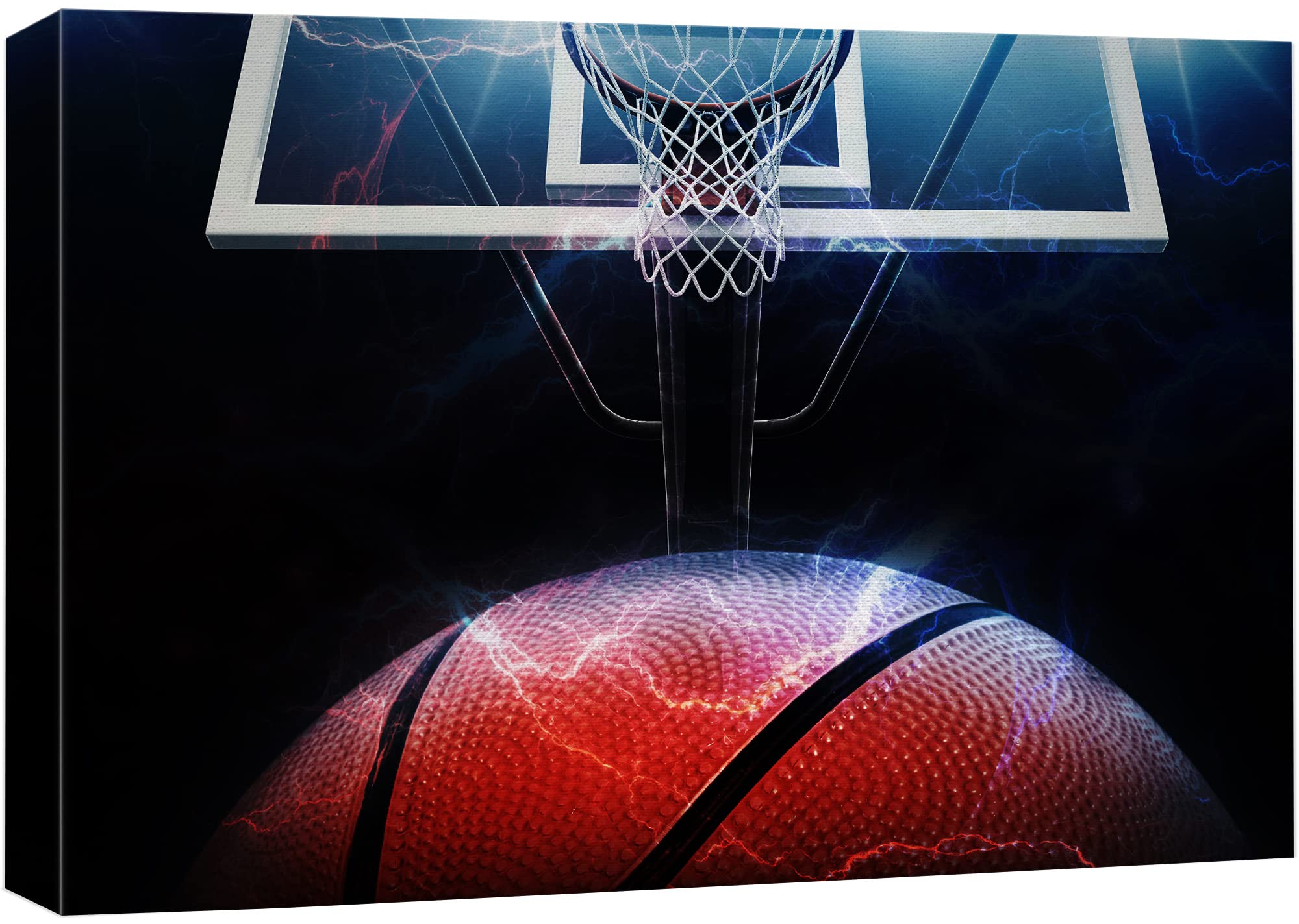 Electric Shock Vibrant Basketball Hoop Stadium Canvas Print - 32x48 Inch Wall Art for Boys Room, Sports Decor, Living Room & Office - Realistic Basketball Photography for Home Gym & Game Room Decor