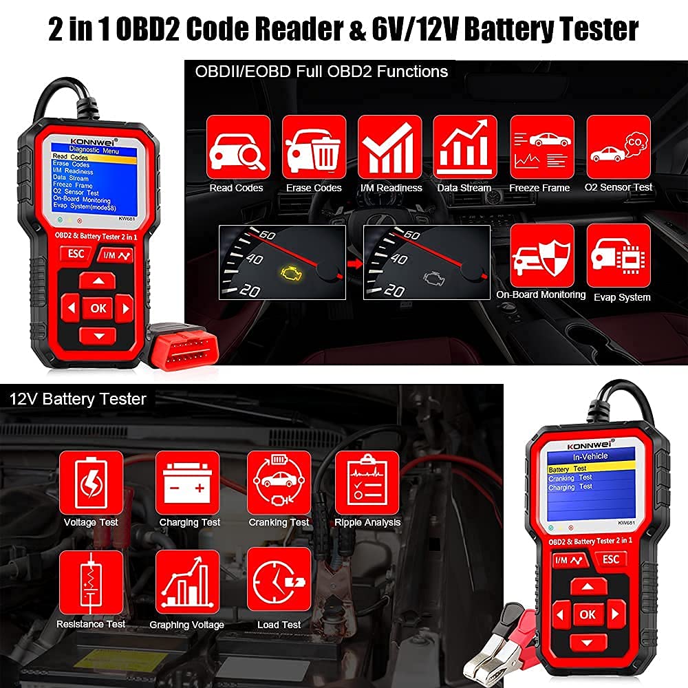KW681 OBD2 Scanner & KW206 OBD2 Gauge - 6V/12V Battery Tester, Car Diagnostic Tool for Engine Fault Codes, Live Data & Performance Monitoring - Perfect for Mechanics, DIY Enthusiasts & Vehicle Maintenance