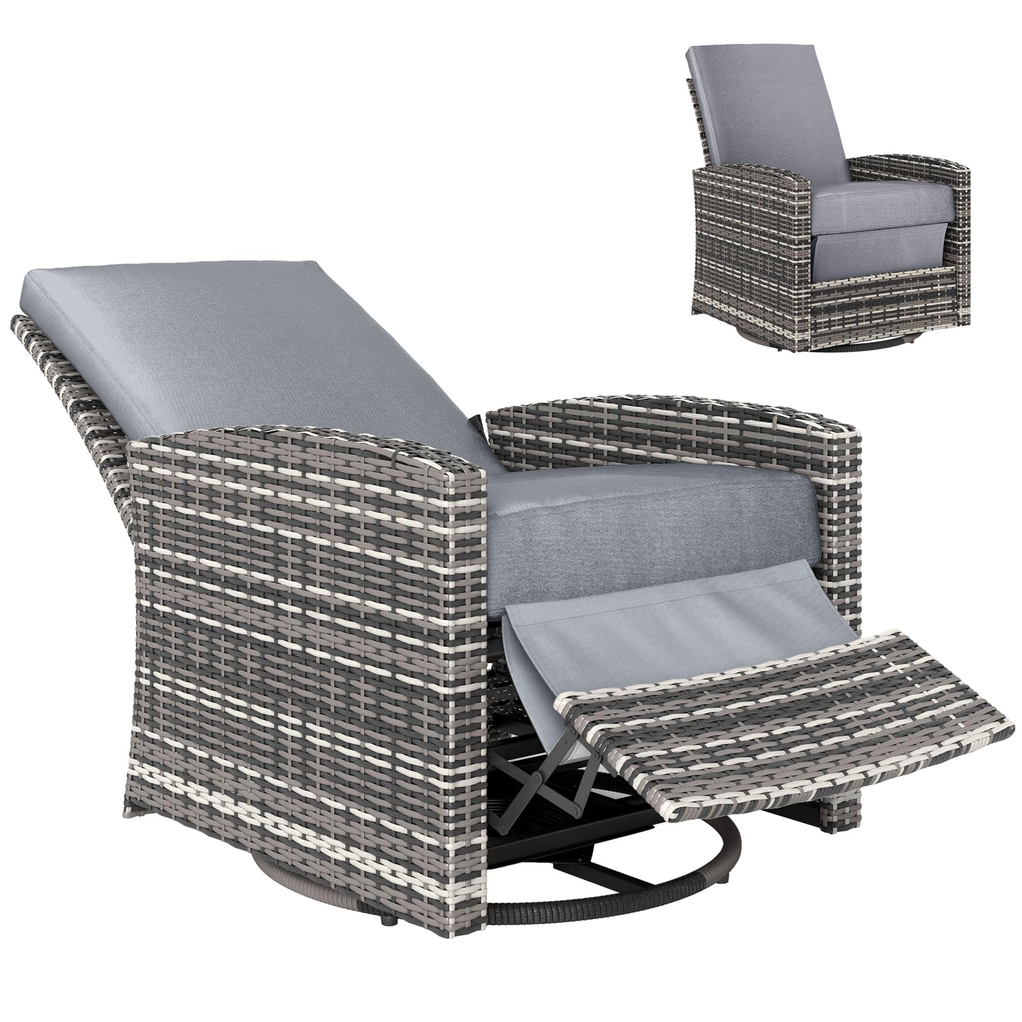 Outsunny 360° Swivel Recliner Chair with Adjustable Backrest & Footrest - Water-Resistant Gray Wicker Patio Lounge Chair for Outdoor Relaxation | Perfect for Poolside, Garden, Deck, and Backyard Lounging