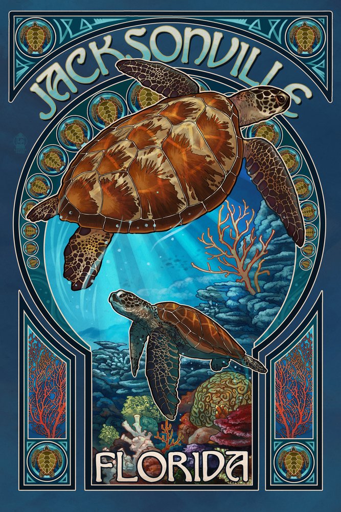 Signed Sea Turtle Art Nouveau Print (24x36) - Jacksonville Florida Wall Decor Poster | Ocean Theme Home & Office Artwork