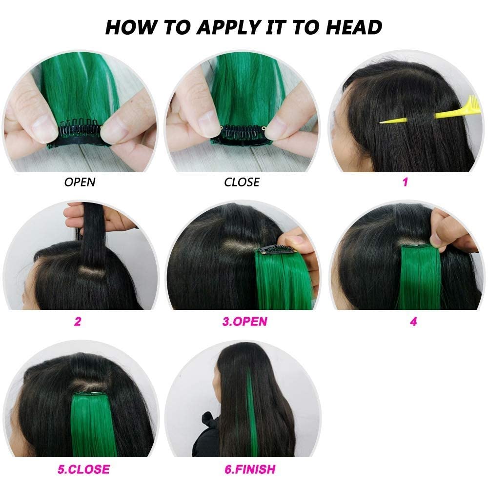BOXO Set of 2 Clip-in Hair Extensions - Green Colored Strips for Women & Girls | Easy to Use Hair Highlights for Parties, Cosplay & Daily Styling