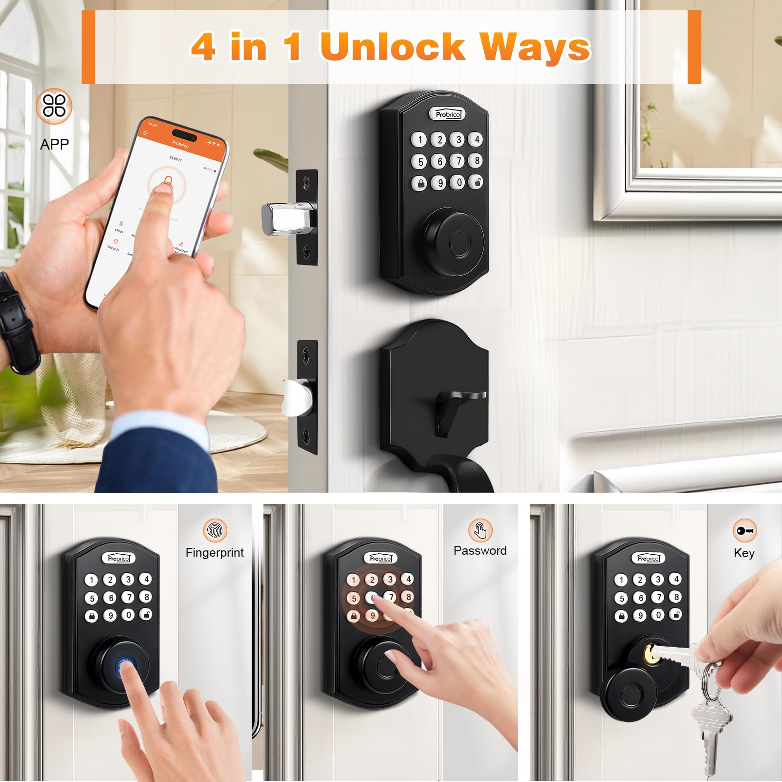 Probrico Smart Keyless Entry Door Lock - Keypad & Fingerprint Deadbolt with Handle for Front Door | Secure & Convenient Smart Locks for Home, Office & Vacation Rental Properties