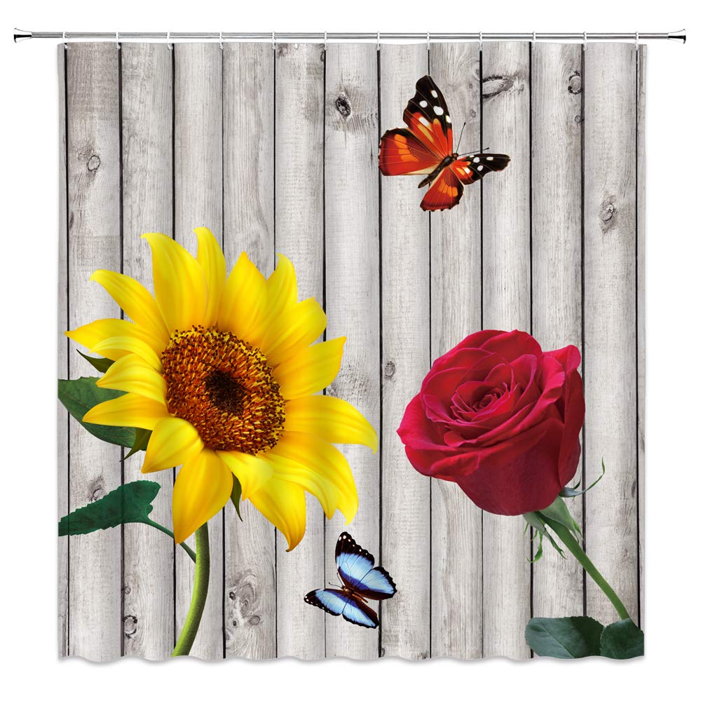 Vintage Sunflower Rose Shower Curtain - Rustic Wildflower Design with Yellow Sunflowers, Red Roses & Butterflies - Farmhouse Bathroom Decor for Country Style Homes - Perfect for Spring Floral Theme & Nature-Inspired Bathrooms (Includes Hooks, Grey)