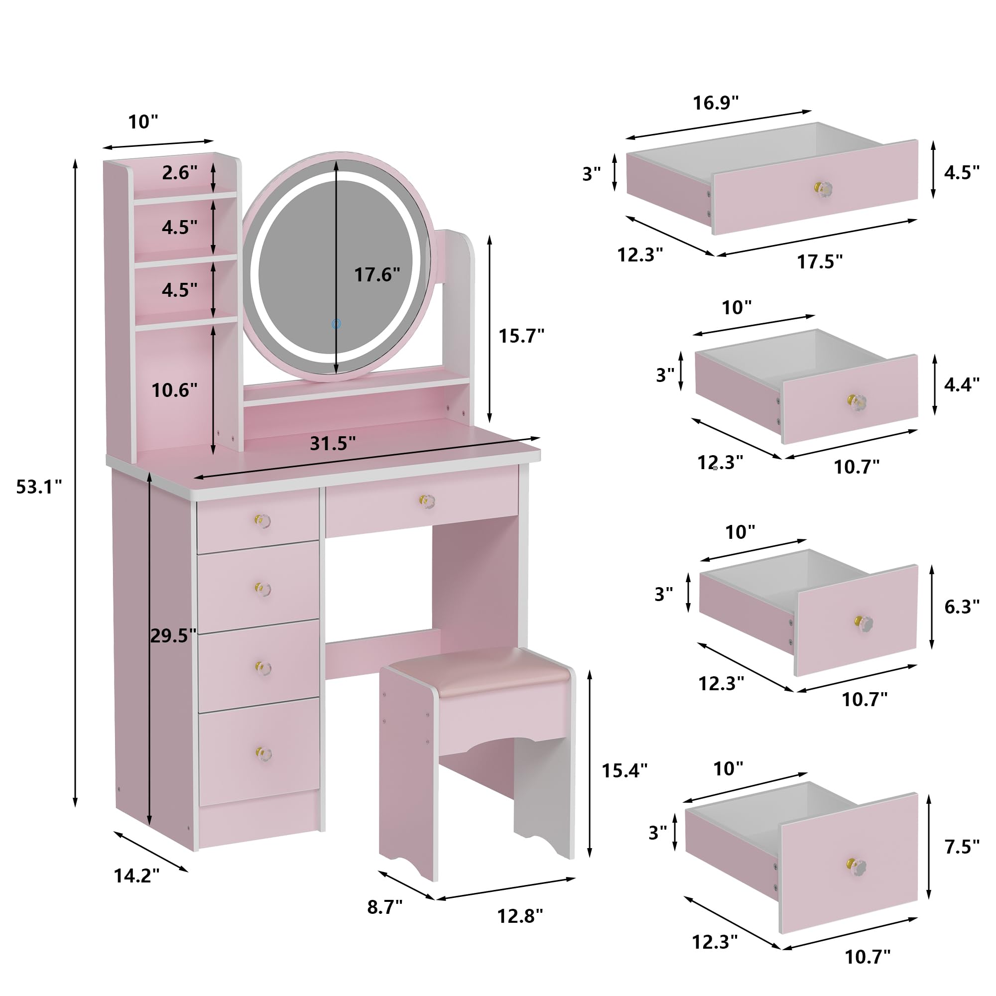 ECACAD Vanity Desk Set with LED Lighted Round Mirror, 5-Drawer Makeup Dressing Table with Storage Shelves & Cushioned Stool - Pink Bedroom Furniture for Women & Girls | Perfect for Makeup Organization, Dressing Room & Small Space Decor