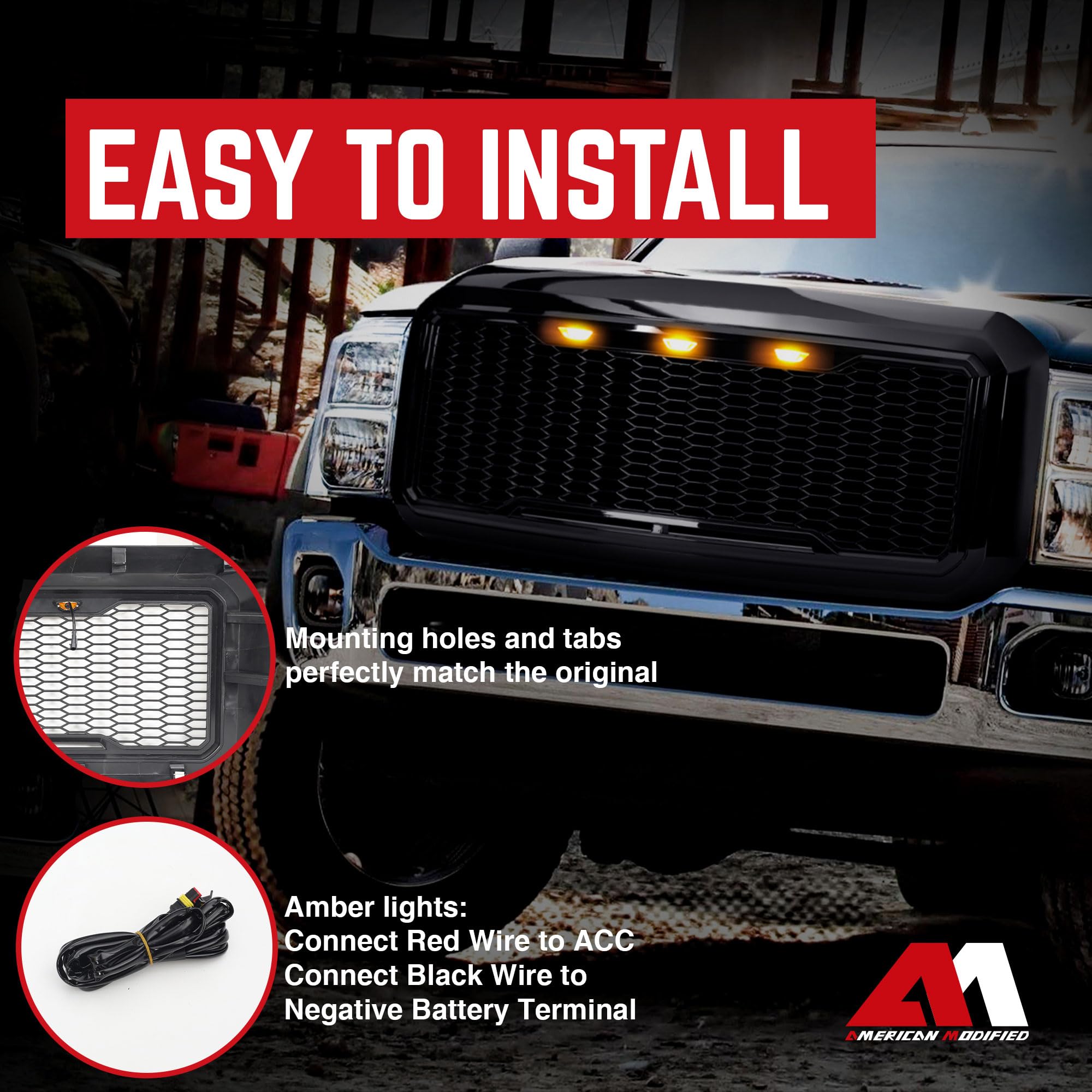 Ford F250 F350 F450 F550 Super Duty 2011-2016 Raptor Style Front Grille with Amber LED Lights - Glossy Black | Off-Road Upgrade & Truck Customization Accessory