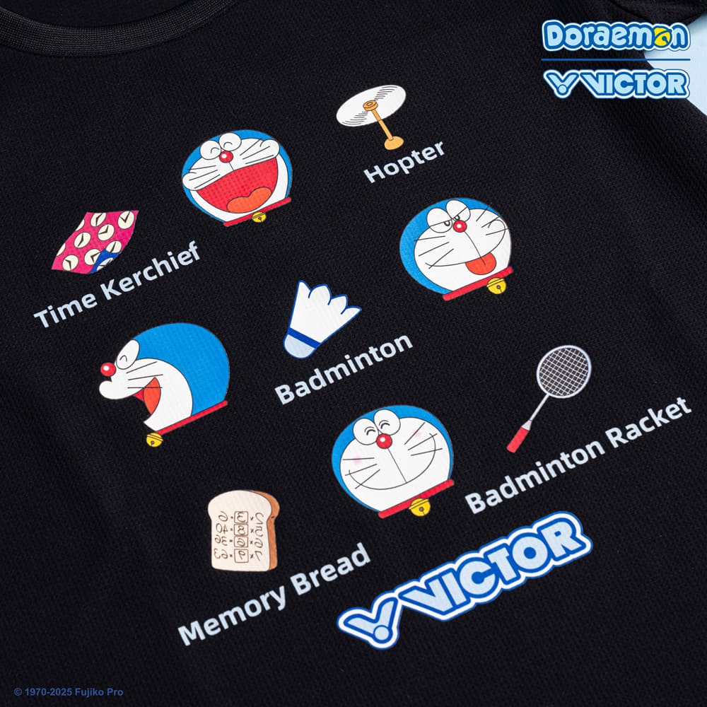 Victor x Doraemon Junior T-Shirt T 503JRDRM C (Black) - Cute Anime Graphic Tee for Kids - Perfect for Casual Wear, School, and Playtime