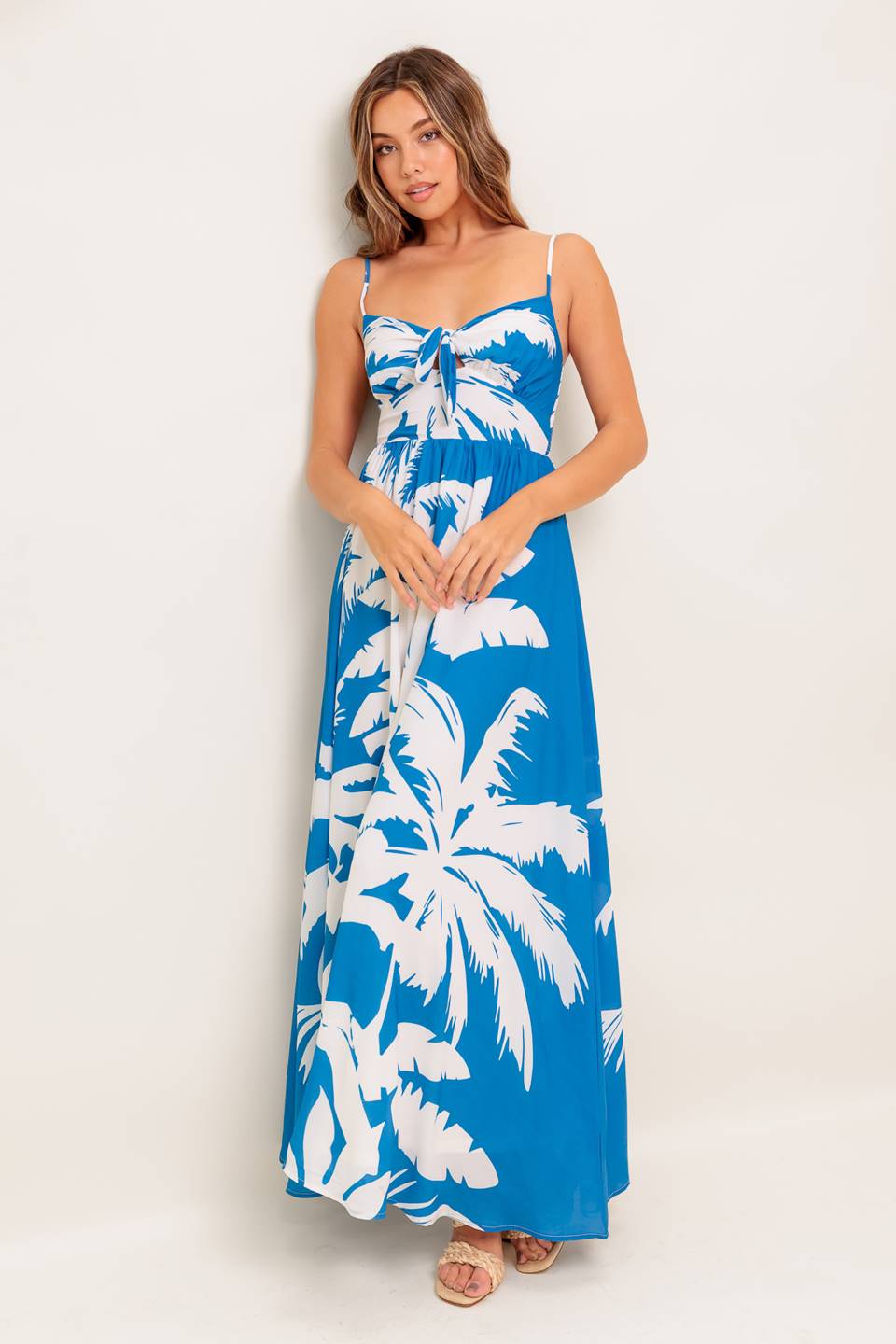 KAIA Blue Palm Print Maxi Dress - Flowy Summer Beach Dress for Women, Perfect for Vacations, Parties & Casual Outings