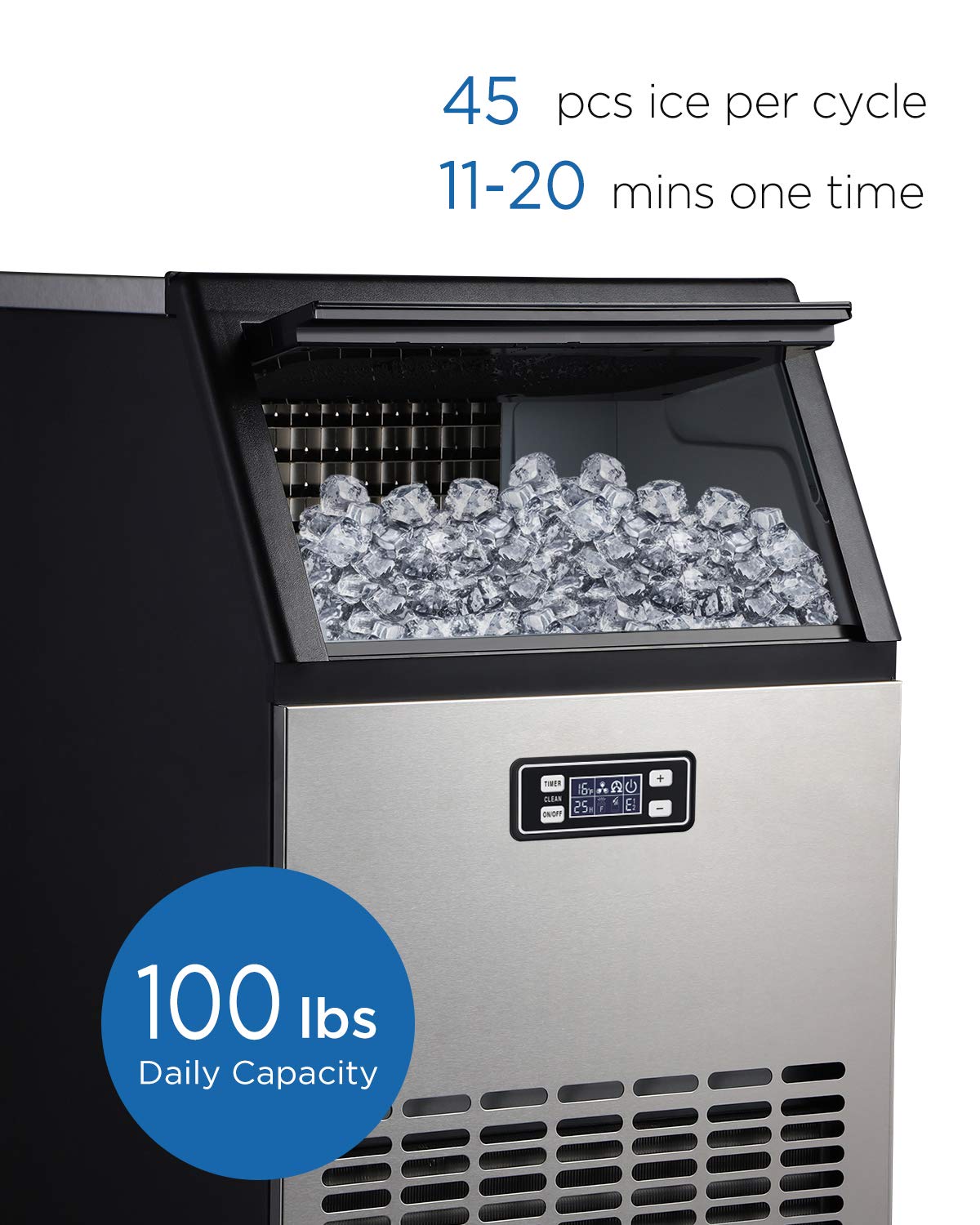 ADT Commercial Ice Maker Machine - 99LBS Freestanding Stainless Steel Ice Maker for Restaurants, Bars & Home Use | Fast Ice Production for Parties & Events