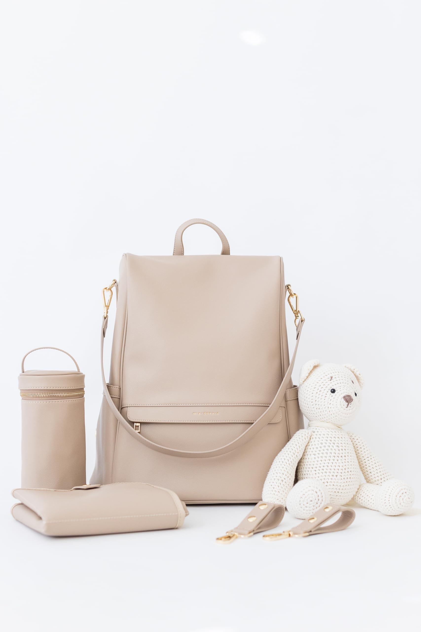 Premium Leather Diaper Bag Backpack with USB Charging Port, Insulated Bottle Holder & Stroller Straps - Includes Changing Pad - Perfect for Moms & Dads On-The-Go (Beige Mia) - Ideal for Travel, Shopping & Baby Care Essentials