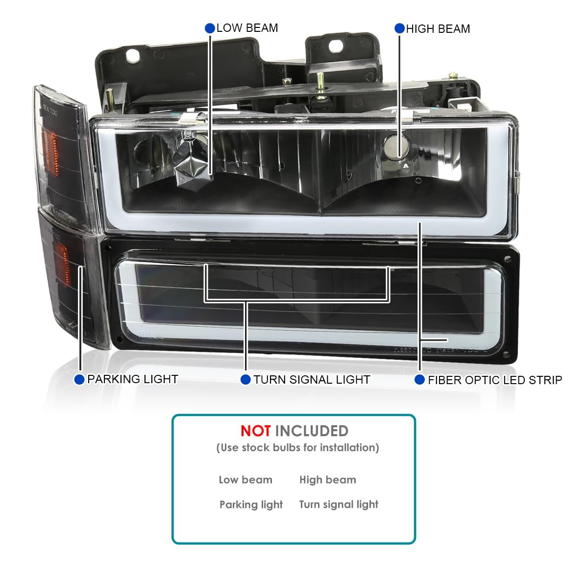 Spec-D Tuning Black LED Bar Headlights with Bumper & Corner Lights - Compatible with 1988-1993 GMC C10 C/K Suburban - Left & Right Pair Headlamp Assembly - Upgrade for Off-Road & Night Driving Visibility
