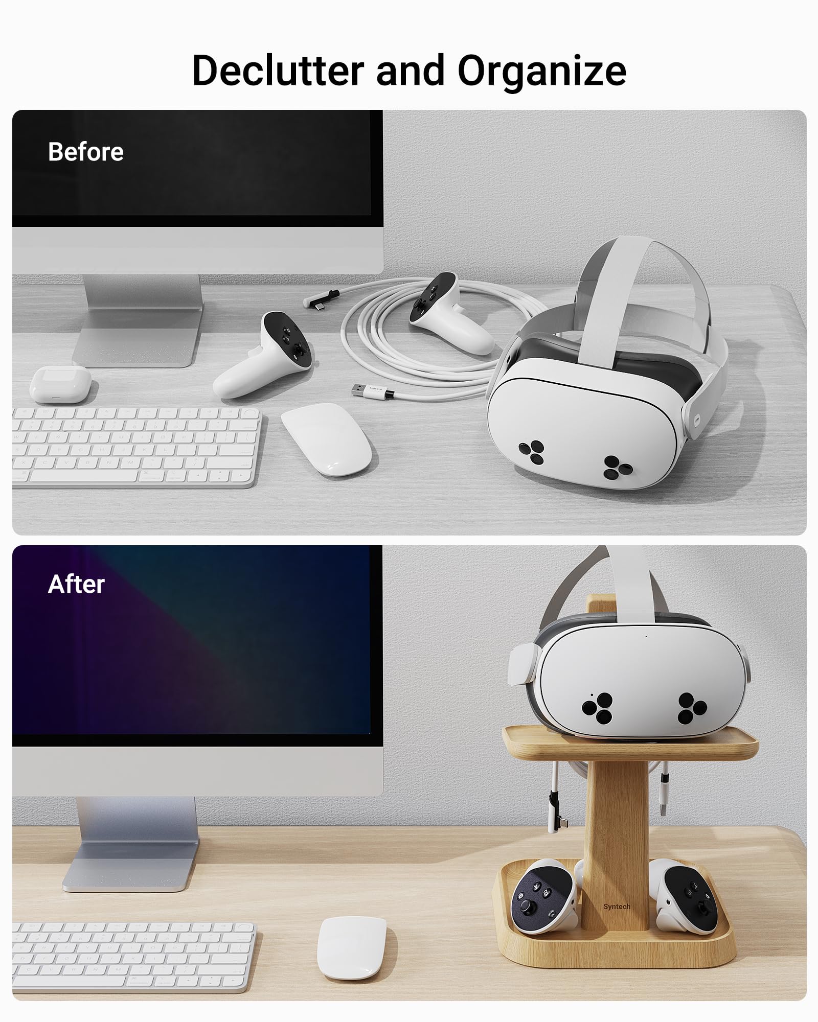 Syntech Universal Wooden VR Stand for Meta Quest 3/2/Vision Pro/Pico 4 - Headset Holder with Storage Base for VR Accessories & Elite Strap | Perfect Gaming Setup for Living Room, Bedroom & VR Gaming Stations