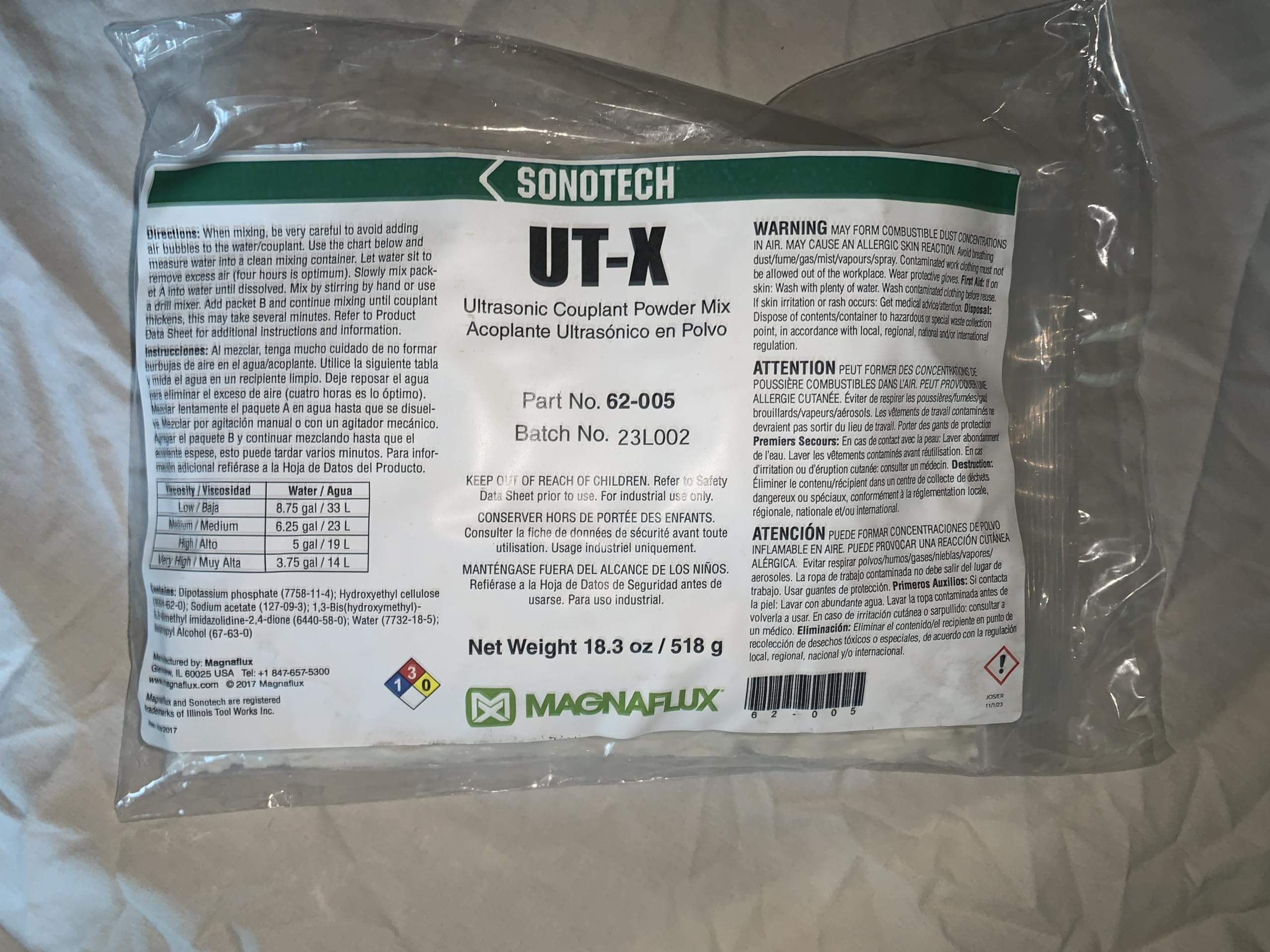Sonotech UT-X Powder Ultrasonic Couplant - Makes 1 Gallon (62001) | High-Performance Couplant for NDT Testing | Ideal for Industrial Ultrasonic Inspections & Weld Testing