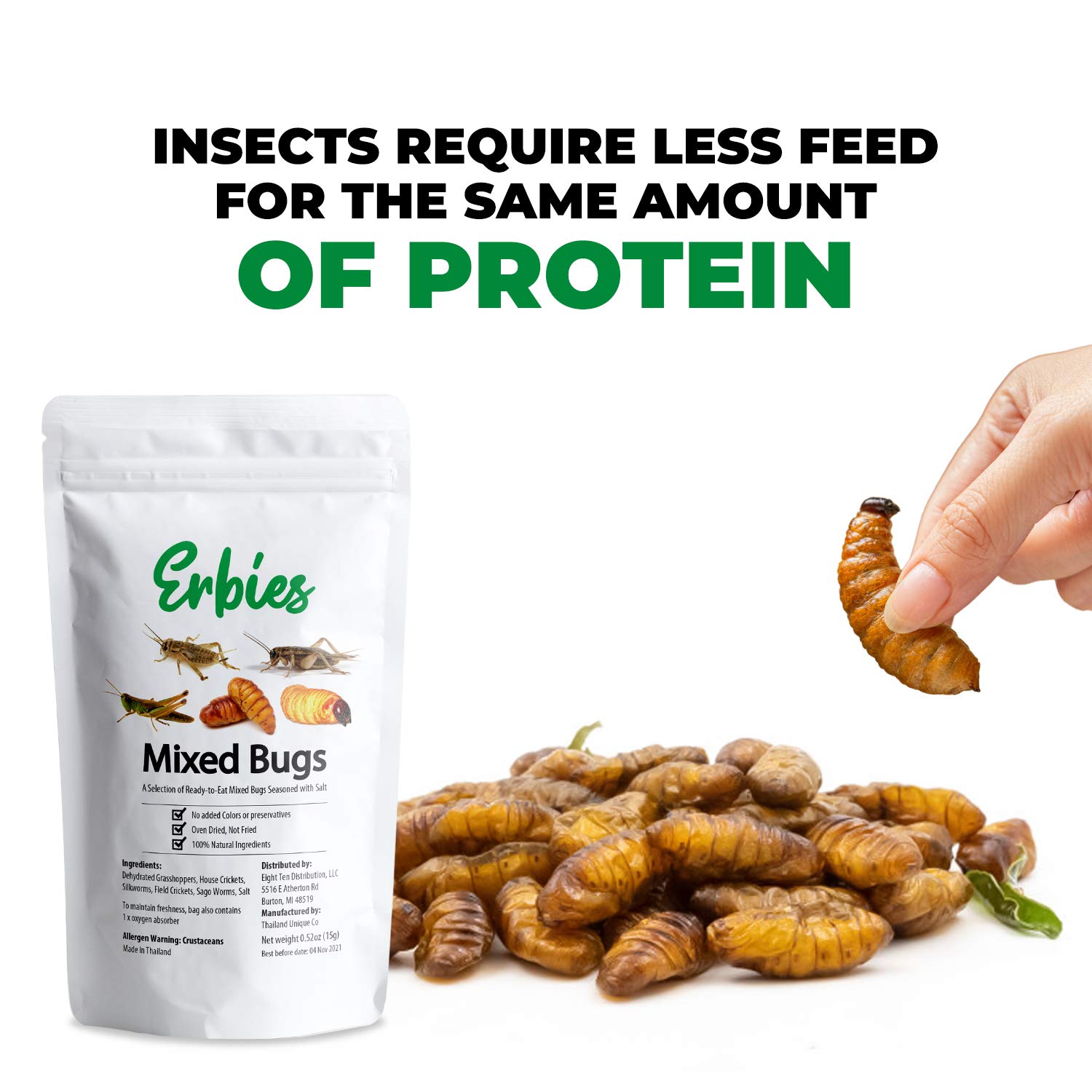 Erbies Edible Bug Trail Mix - 15g Bag of Crunchy Crickets, Grasshoppers, Silkworm Pupae & Sago Worms | High Protein Snack | Unique Gift Idea for Adventurous Eaters | Perfect for Camping, Hiking & Party Snacks
