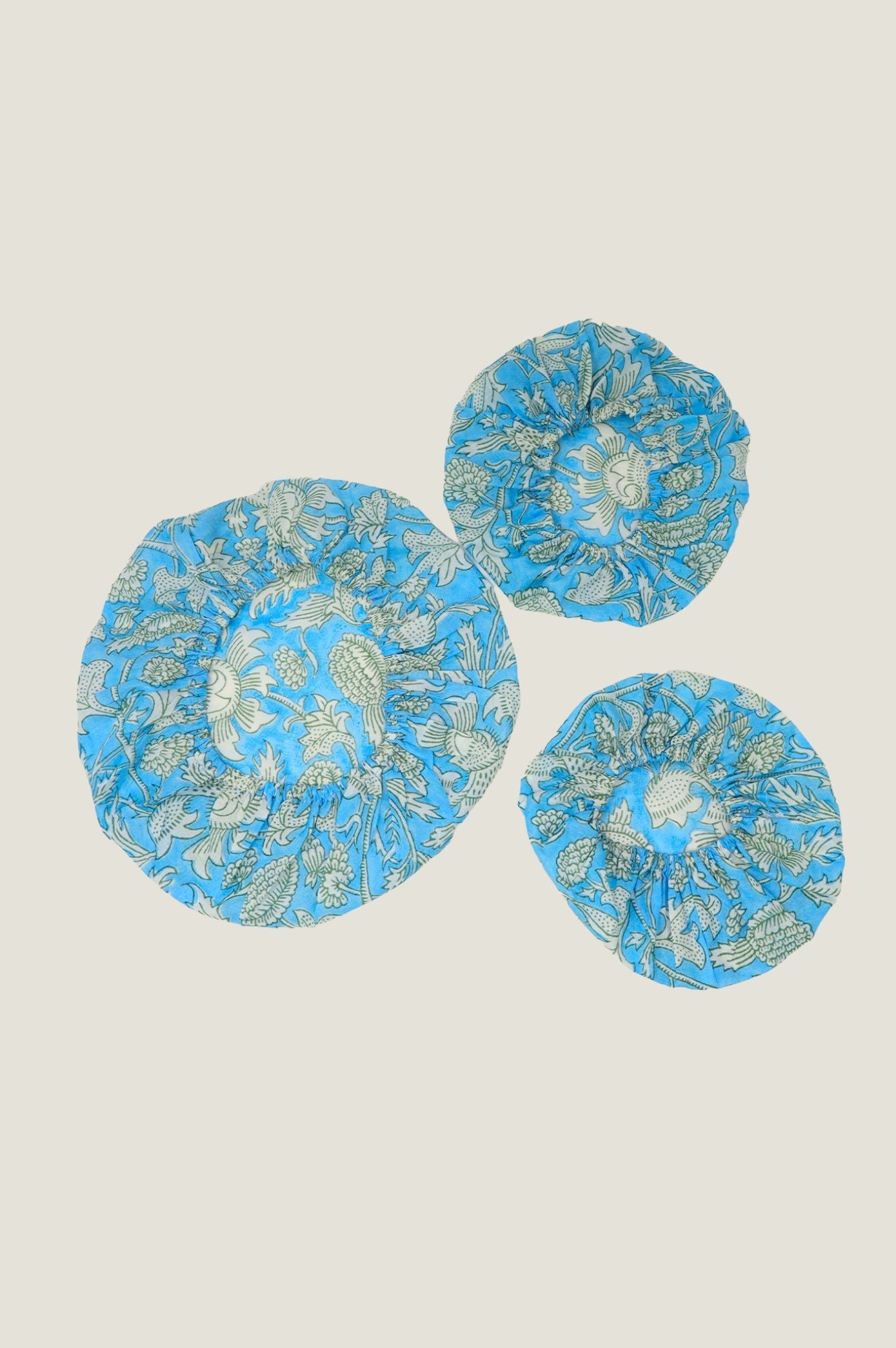 Set of 3 Block Print Bowl Covers - Tea Rose Blue Cotton Fabric Food Covers for Kitchen, Dining, and Picnic Use