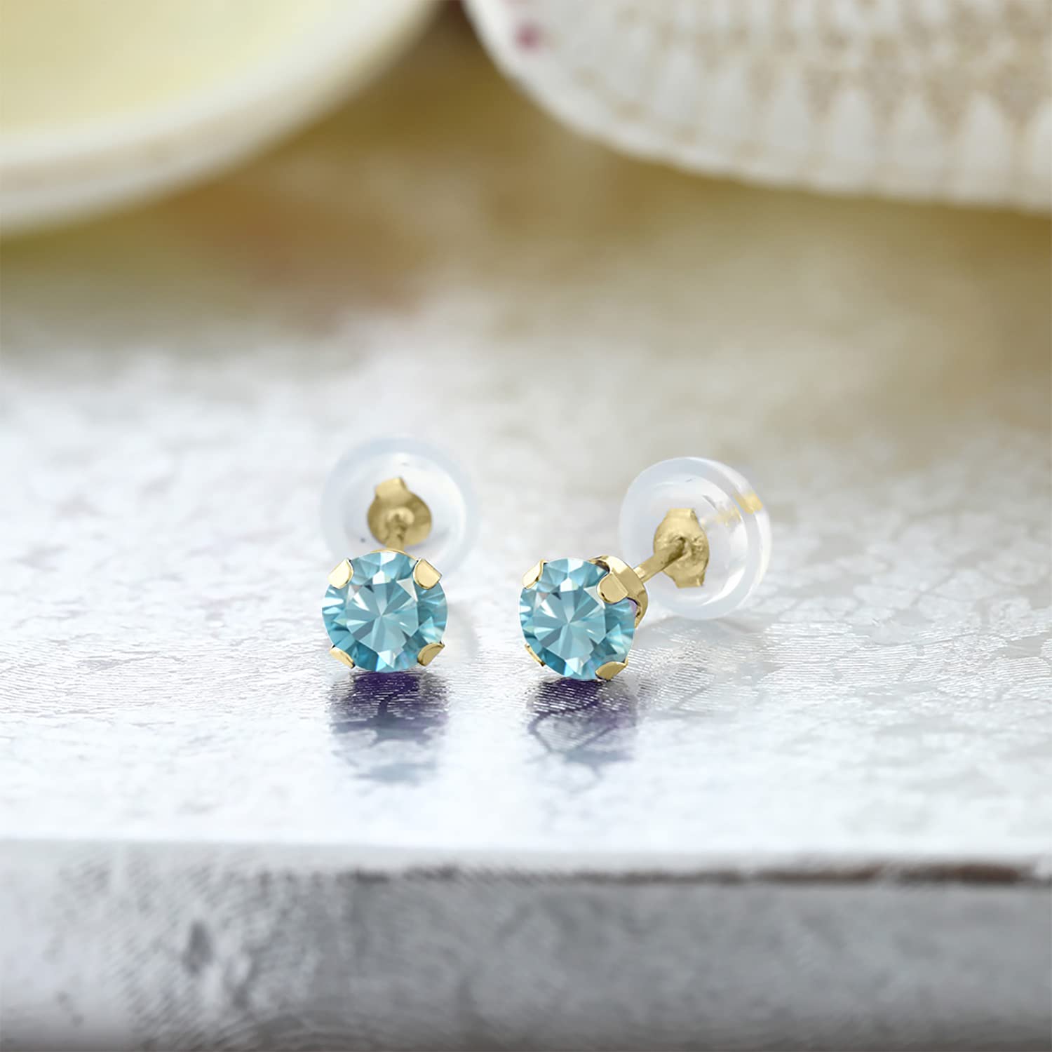 14K Yellow Gold Blue Zircon Stud Earrings for Women & Men - 1.00 Cttw December Birthstone Jewelry, 4MM Round Gemstone Earrings - Perfect Gift for Birthday, Anniversary & Special Occasions
