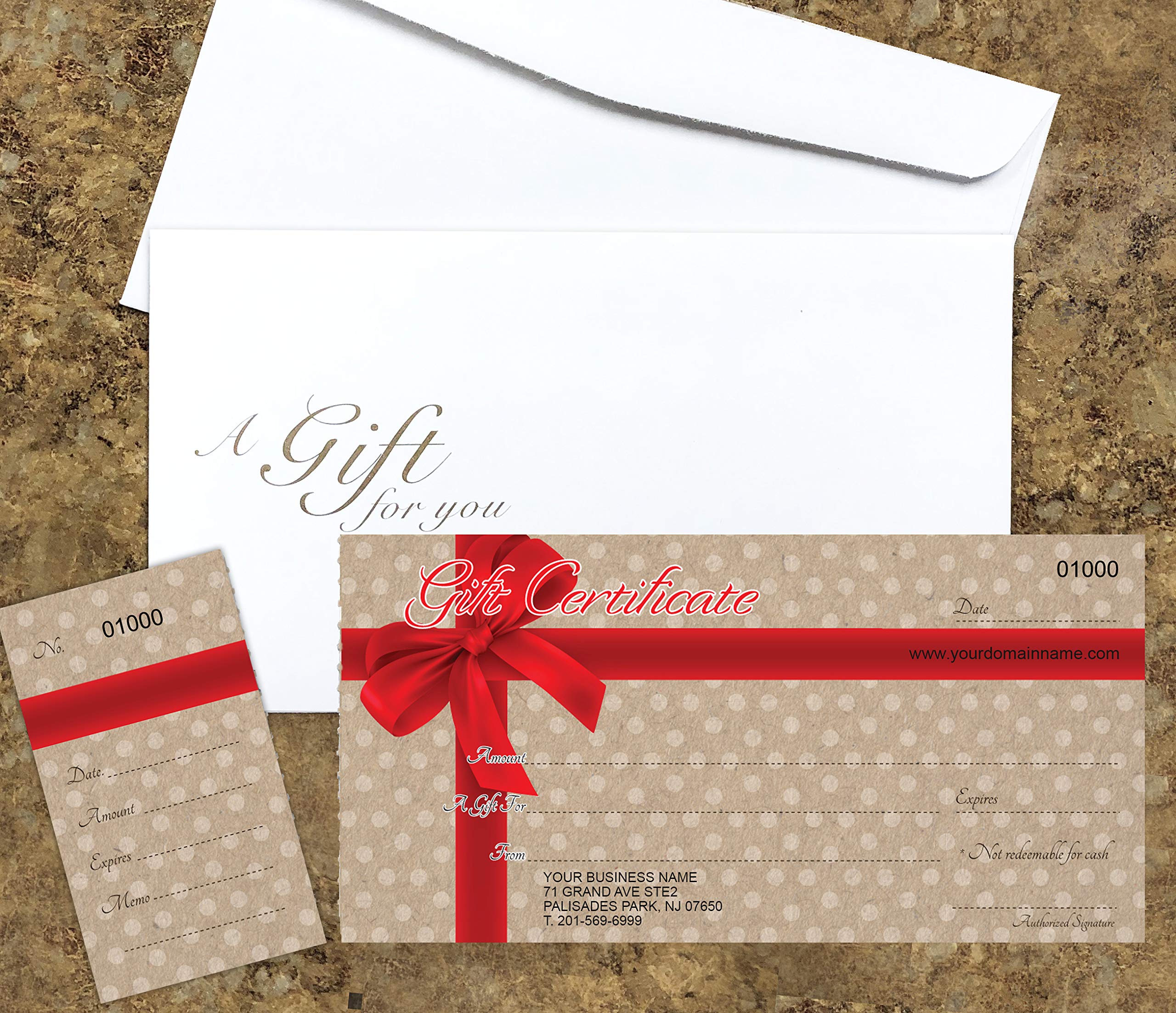 Custom Gift Certificate Cards with Envelopes - 100 Pack Red Ribbon Dot Design - Perfect for Small Business Gifts, Rewards & Loyalty Programs | Office, Retail & Hospitality Use