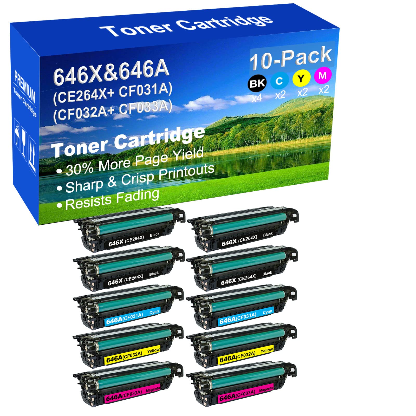 10-Pack (4BK+2C+2Y+2M) High Yield 646X 646A Compatible Toner Cartridge for HP CM4540 CM4540f CM4540fskm Laser Printers - Perfect for Office & Home Printing Needs