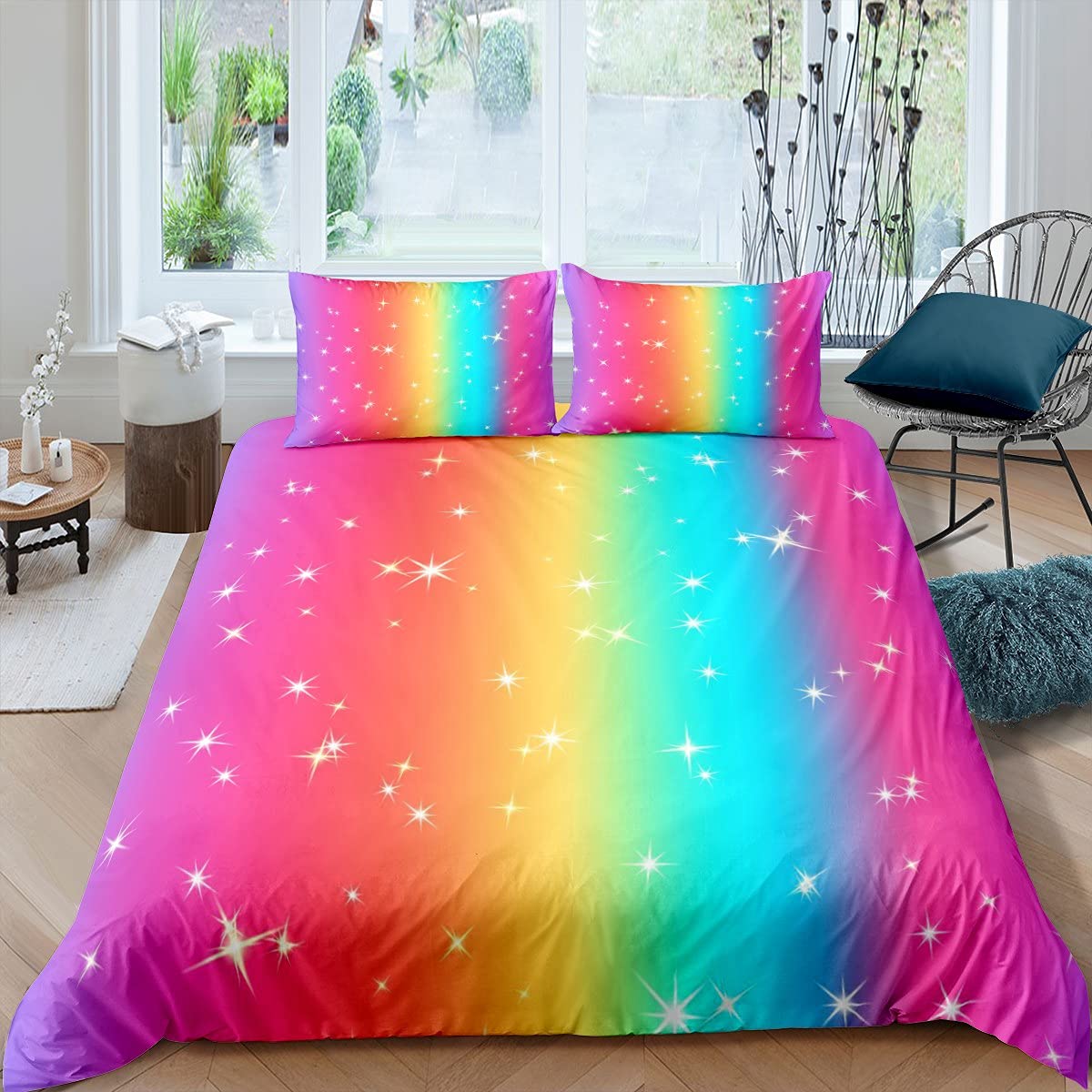 Rainbow & Shiny Stars Duvet Cover Set - Sunset Glow Art Twin Size Microfiber Bedding for Kids Girls Teens | Soft Comforter Cover, Quilt Cover, Bedroom Decor Gift | Perfect for Kids' Rooms, Teen Bedrooms & Birthday Presents