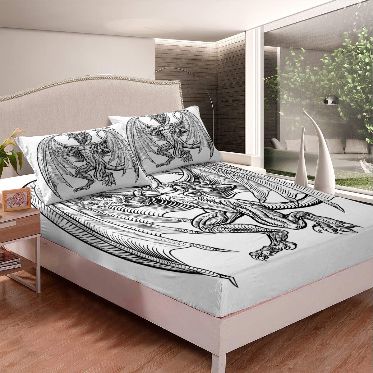 Dinosaur Fitted Sheet Set for Kids - Twin Size Dragon & Jungle Animal Print Bedding with Black/White Design | Perfect for Boys' Room Decor, Themed Bedrooms, and Playroom Makeovers