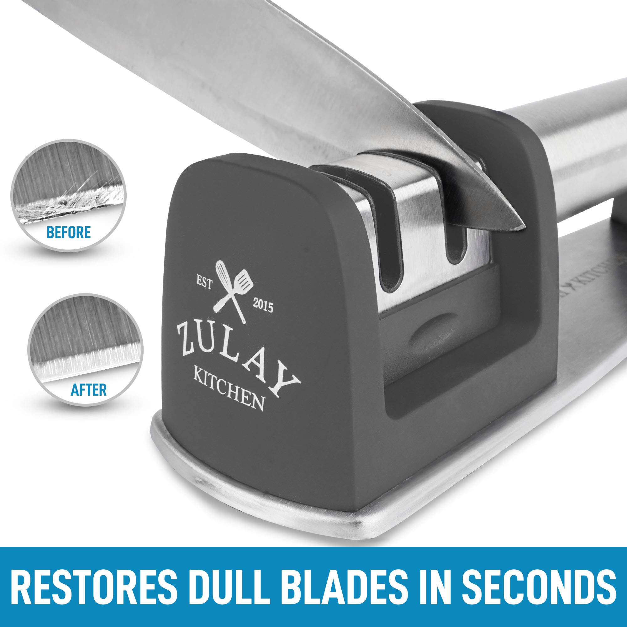 Premium Knife Sharpener for Straight & Serrated Knives - Stainless Steel, Ceramic & Tungsten Manual Sharpener - Ideal for Chef, Paring & Pocket Knives - Perfect for Kitchen, Camping & Outdoor Use - Gray