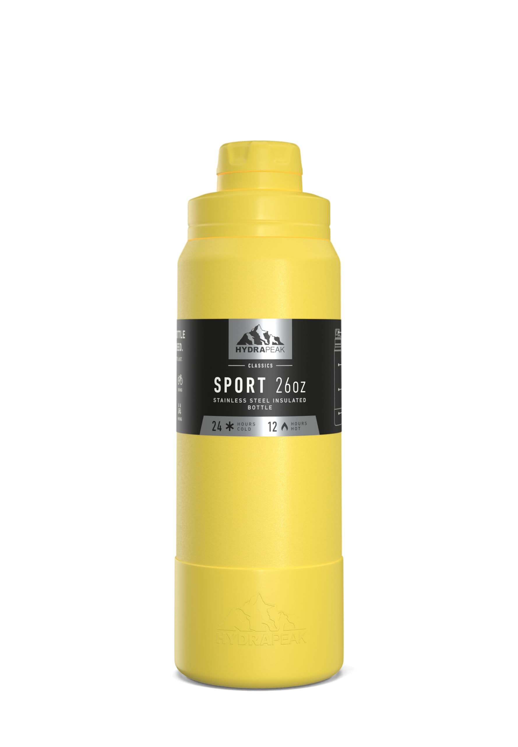 Hydrapeak 26oz Insulated Stainless Steel Water Bottle with Chug Lid - Leak Proof, Wide Mouth, Matching Boot (Lemon) - Perfect for Gym, Hiking, Travel & Outdoor Activities