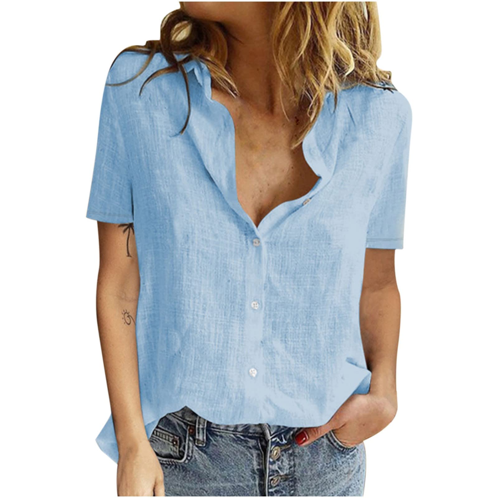 Women's Casual Summer Short Sleeve Button Down Blouses - Trendy V-Neck Loose Fit Tunic Tops & Tees | Perfect for Beach Outings, Office Wear & Weekend Relaxation