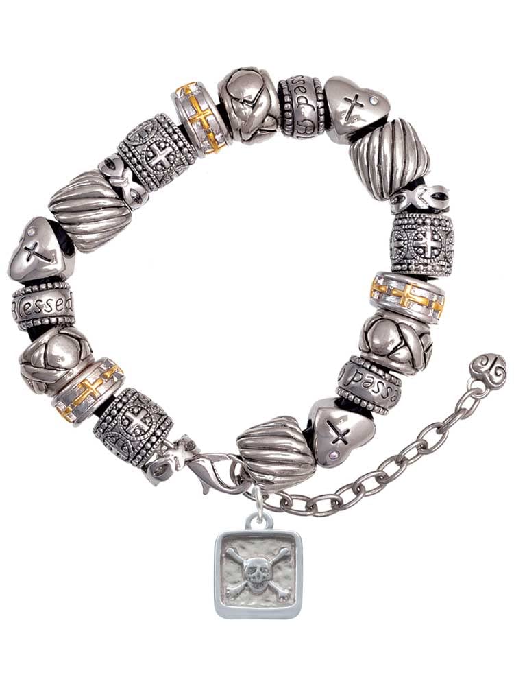 Delight Jewelry Silver Tone Skull & Bones Christian Bead Bracelet with Square Seal - Adjustable 7