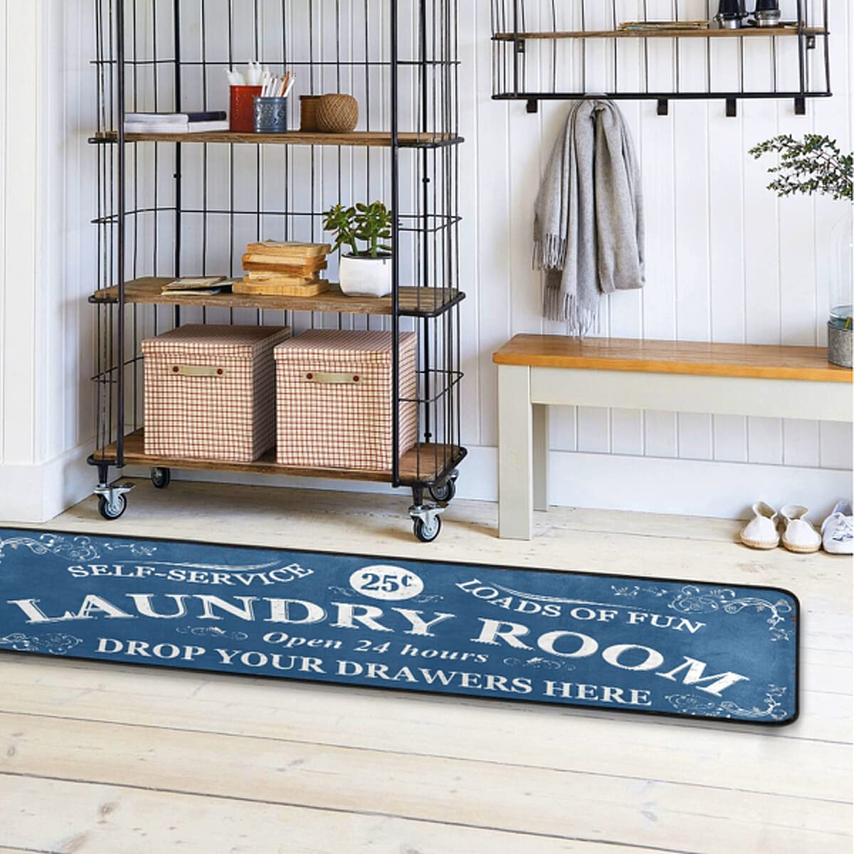 Farmhouse Laundry Room Rug - Machine Washable Runner Mat 72x24 Inches, Blue - Perfect for Laundry Room Floor Protection & Farmhouse Decor