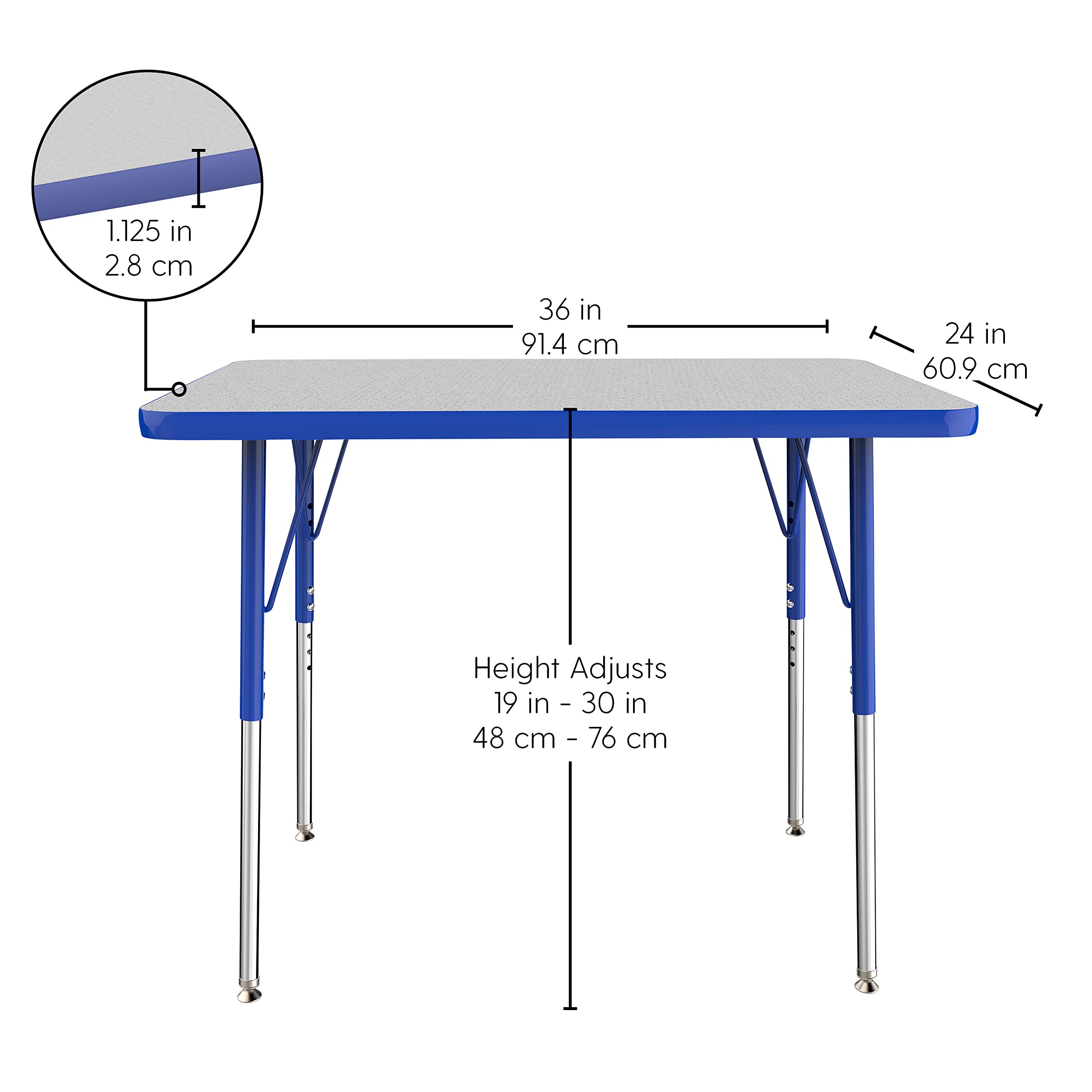 FDP Rectangle Activity Table 24x36 Inch - Adjustable Height 19-30 Inches with Swivel Glides - Gray Top & Blue Edge - Perfect for School, Office & Home Workspaces - Quick Ship Single Box