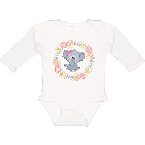 Inktastic Girl Elephant Rose Wreath Long Sleeve Baby Bodysuit - Cute Animal Print Onesie for Infants & Toddlers, Soft Cotton Outfit for Playtime, Photo Shoots & Special Occasions