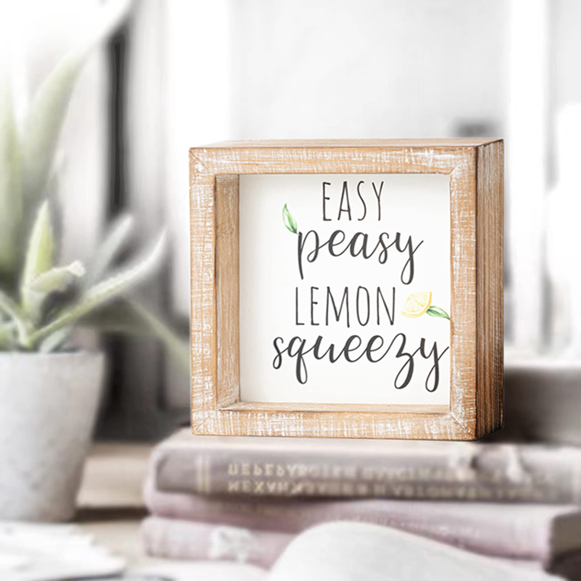 Rustic Farmhouse Lemon Squeezy Sign - 6x6 Inch Wooden Kitchen Decor for Tiered Trays, Summer Home Decoration | Perfect for Country Style Kitchens, Pantries & Lemon-Themed Parties