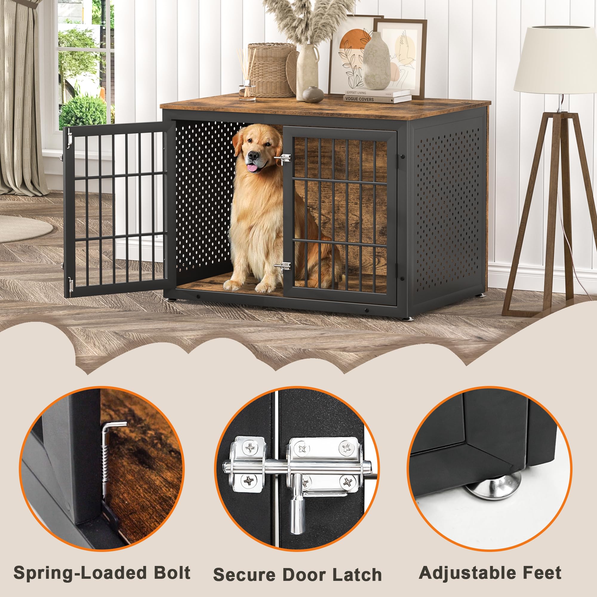**Heavy Duty Rustic Dog Crate Furniture for Large & Medium Dogs – Indestructible Metal & Wooden Kennel – Enclosed Design for Indoor Use – Decorative Dog Kennel End Table – Perfect for Living Rooms, Bedrooms & Home Decor**