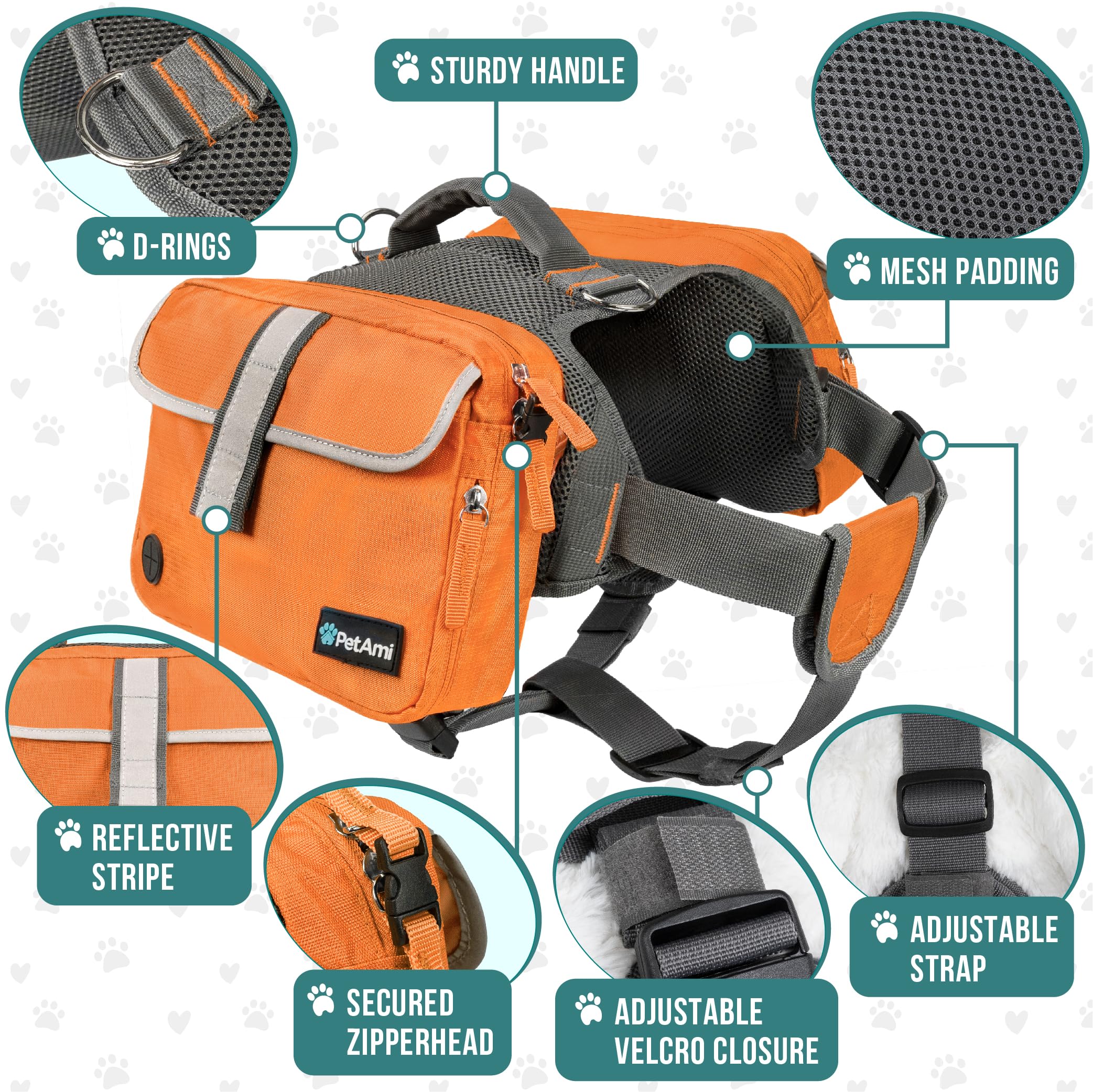 PetAmi Dog Backpack for Medium & Large Dogs - Adjustable Saddle Bag Carrier with Reflective Safety Pockets - Perfect for Hiking, Camping & Travel (Orange, Medium) - Ideal for Outdoor Adventures & Daily Walks