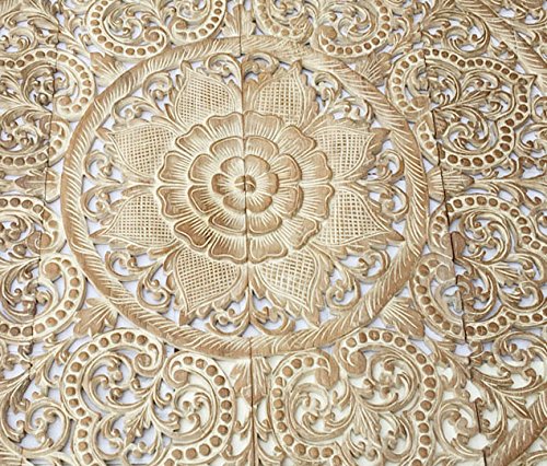 Sacred Fig Leaf Wood Carved Headboard - Asian Wall Art Decor for Bedroom (48