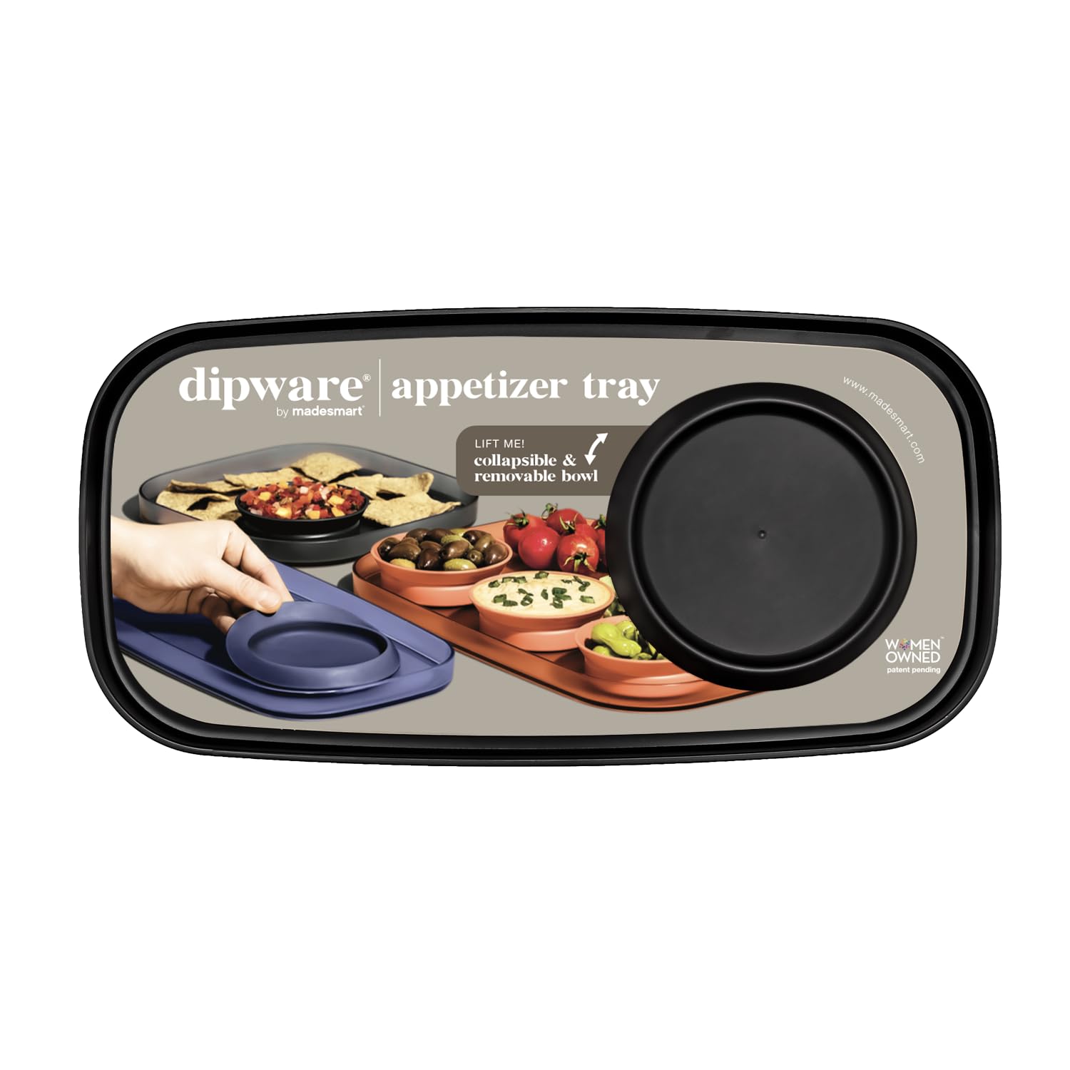 madesmart Dipware Small Serving Tray with Collapsible Removable Dip Bowl - Reusable Multipurpose Appetizer Tray for Snacks, Chips & Dips - Perfect for Parties, Picnics & Entertaining - Translucent Carbon Design
