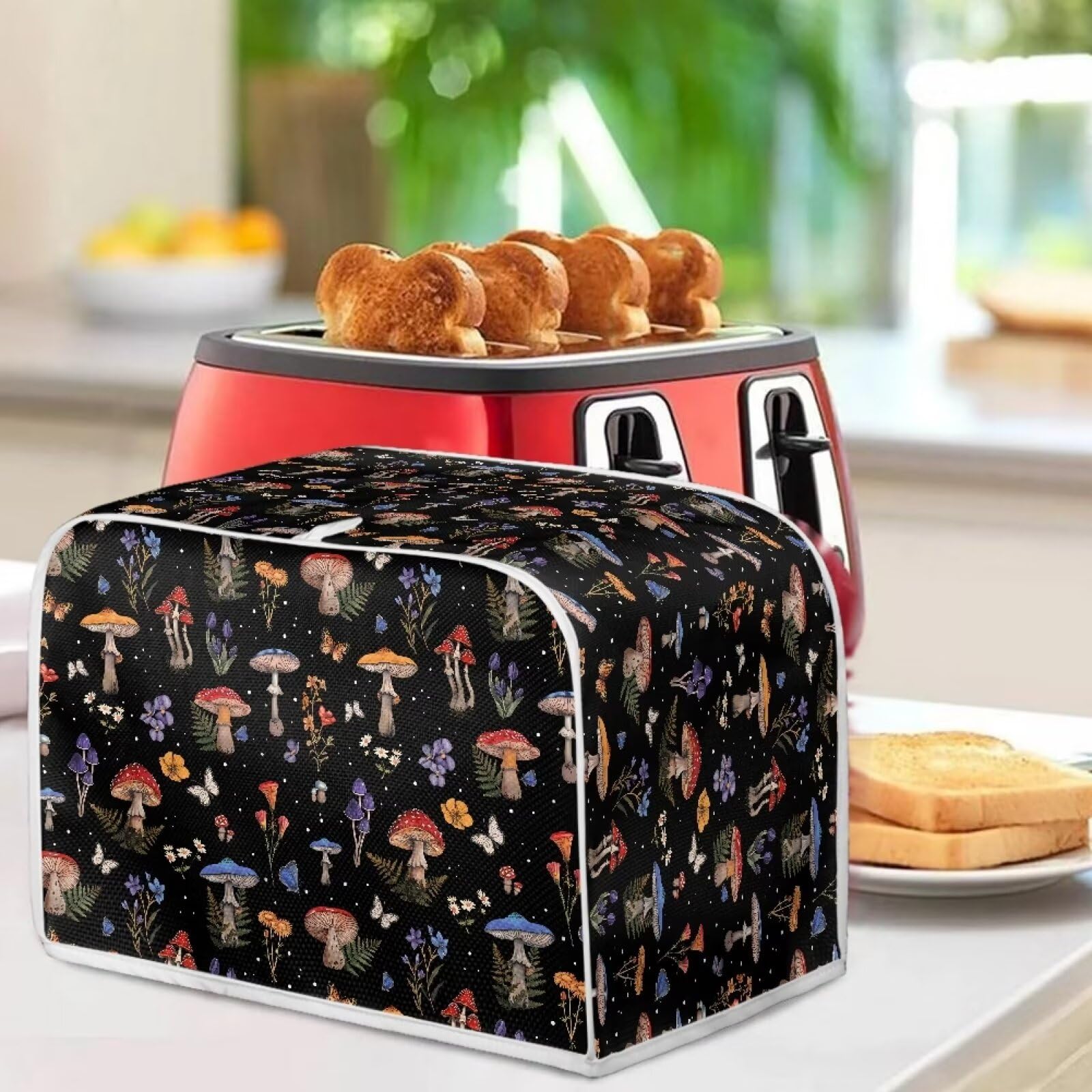 Talayituse Mushroom Butterfly Flower Leaf Print 4-Slice Toaster Cover - Dust Protection Bread Maker & Toaster Oven Cloth Cover - Washable Kitchen Appliance Cover with Handle - Perfect for Kitchen, Breakfast Nook & Small Appliance Protection