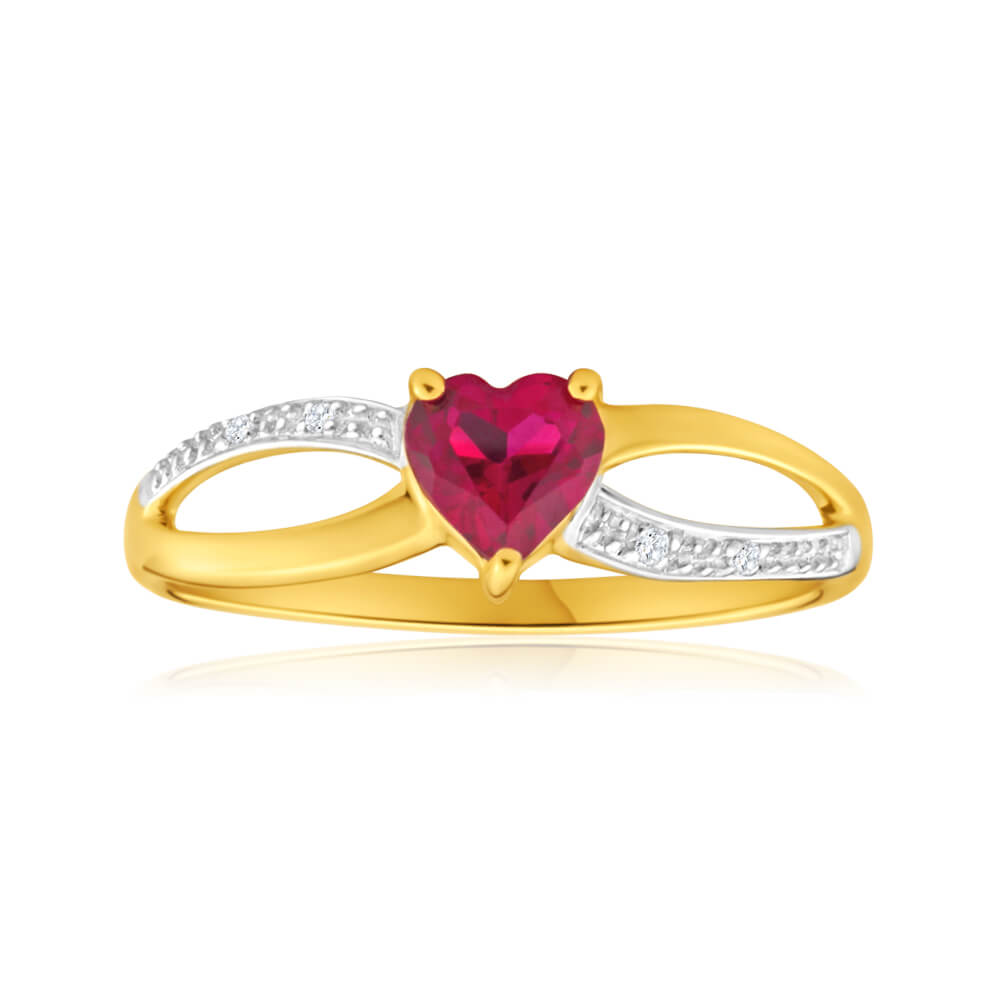 9ct Yellow Gold Heart-Shaped Created Ruby and Diamond Ring for Women - Elegant Jewelry Gift for Valentine's Day, Anniversary or Special Occasions