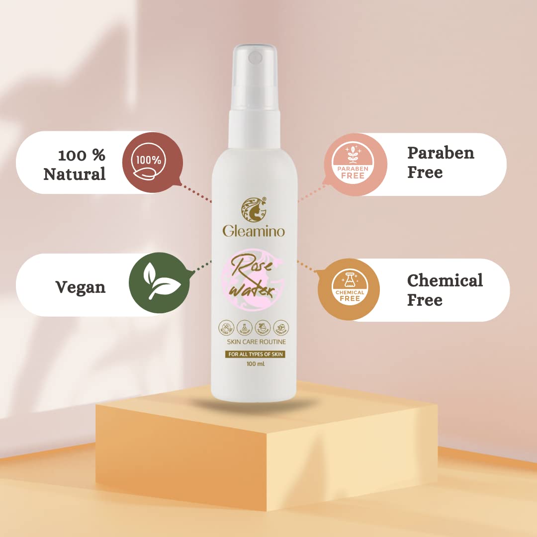 Gleamino Organic & Natural Rose Water Facial Mist - Hydrating Toner for Face, Body & Hair Care | Perfect for Skincare Routine, Makeup Setting & Hair Refresh